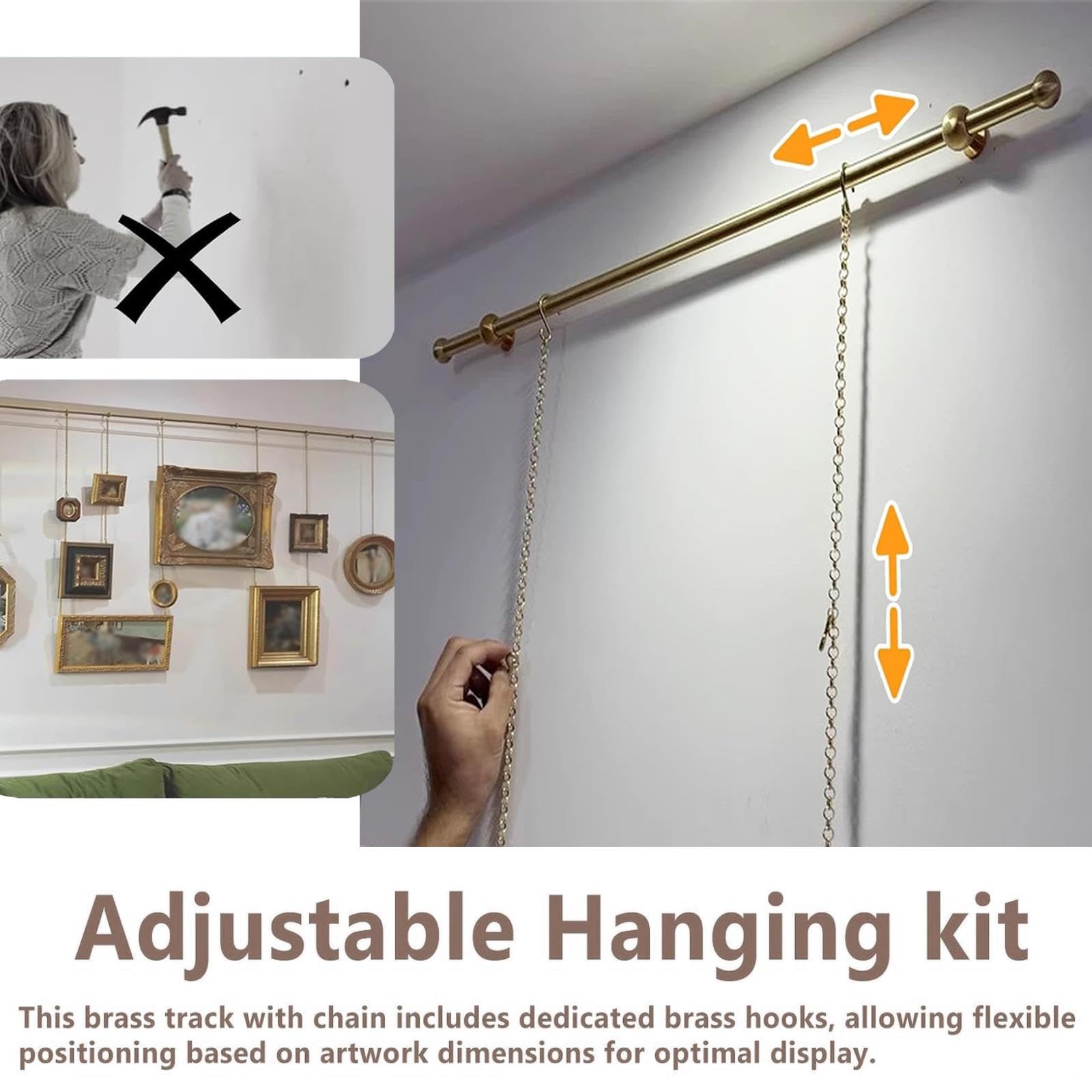 Tringle en Laiton pour Tableaux Vintage avec Chaînes Et Crochets Réglables(1.35m (53.1in))