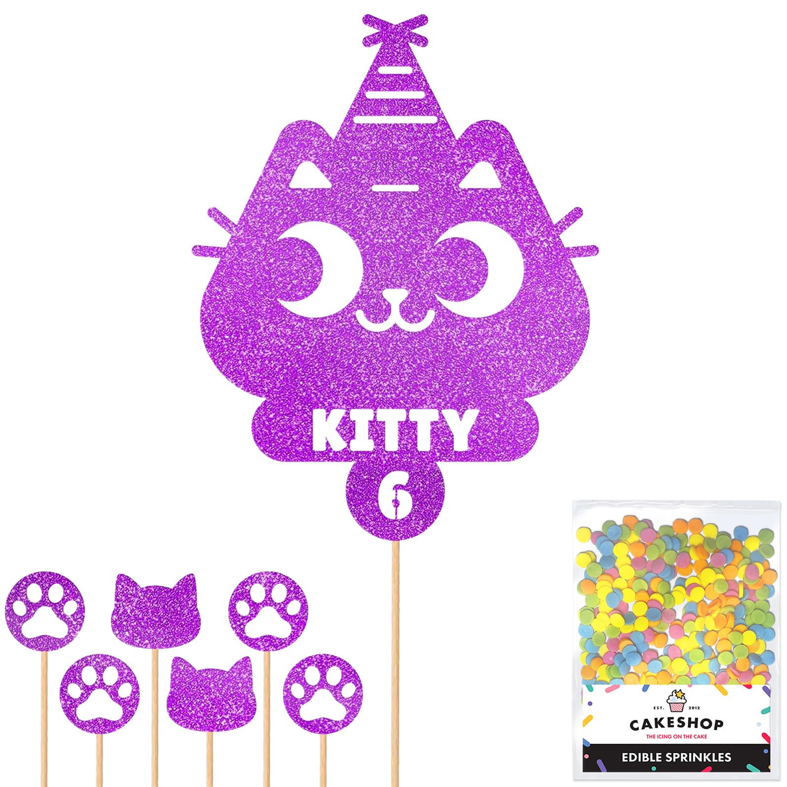 Personalised Birthday Cat Kitten Glitter Cake Topper- Purple Any Name & Age Glitter Cake Decoration and Sprinkles - Happy Birthday Decorations - Personalised Toppers for Cakes by Cakeshop — image 1