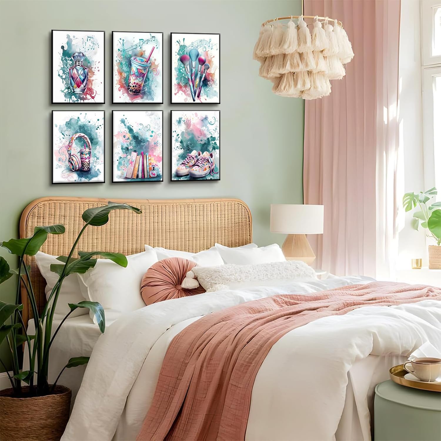 6Pcs Teen Girls Bedroom Wall Art Green Pink Preppy Canvas Wall Decor Teen Music Lover Artwork Perfume Cosmetics Headphones Print Pictures for Teen Girls Bedroom Bathroom Dorm (12x16in Poster)