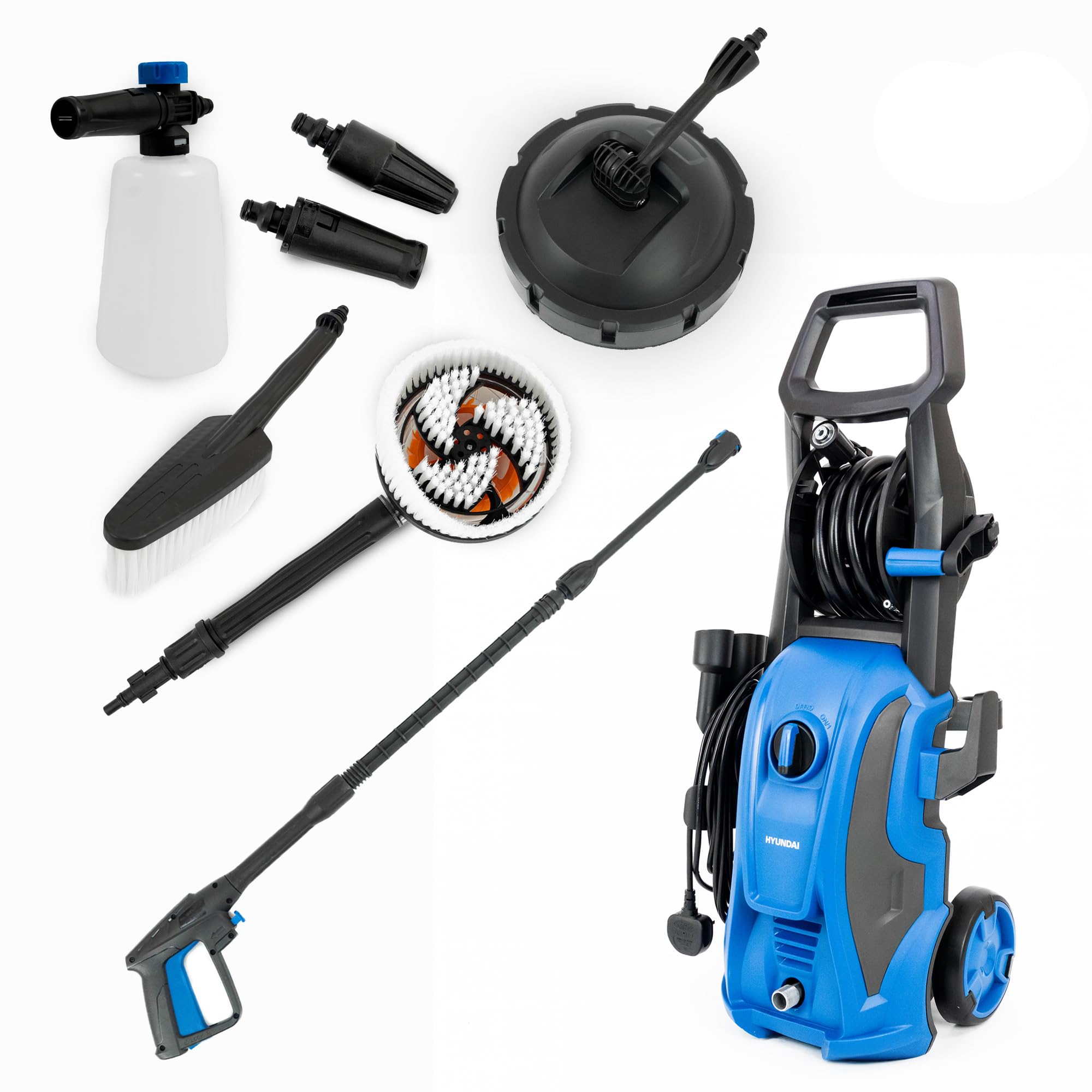 Hyundai 150Bar / 2175psi Electric Pressure Washer, 7.5L/min, 2000W Powerful Motor with Hose & Snow Foam Lance Attachments