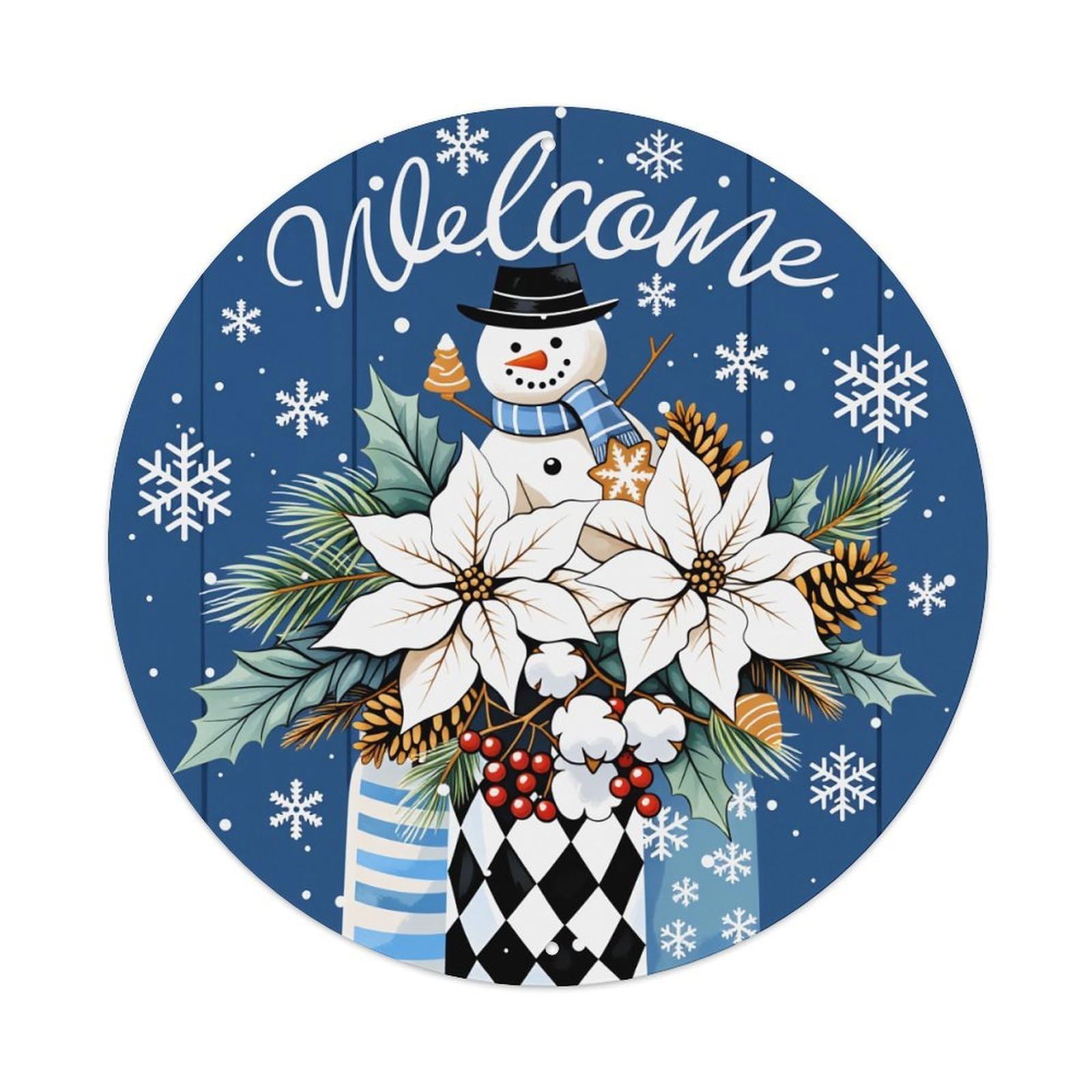 Snowman Poinsettia Winter Welcome Pattern Round Tin Sign Vintage Metal Poster Retro Bar, Home, Man Cave, Kitchen, Laundry Room Wall Art Decor Gift 8x8In