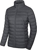Vista 2 de MAGCOMSEN Chaqueta acolchada ligera para mujer, con 3 bolsillos, con cremallera, cuello alto, abrigo de forro polar de invierno