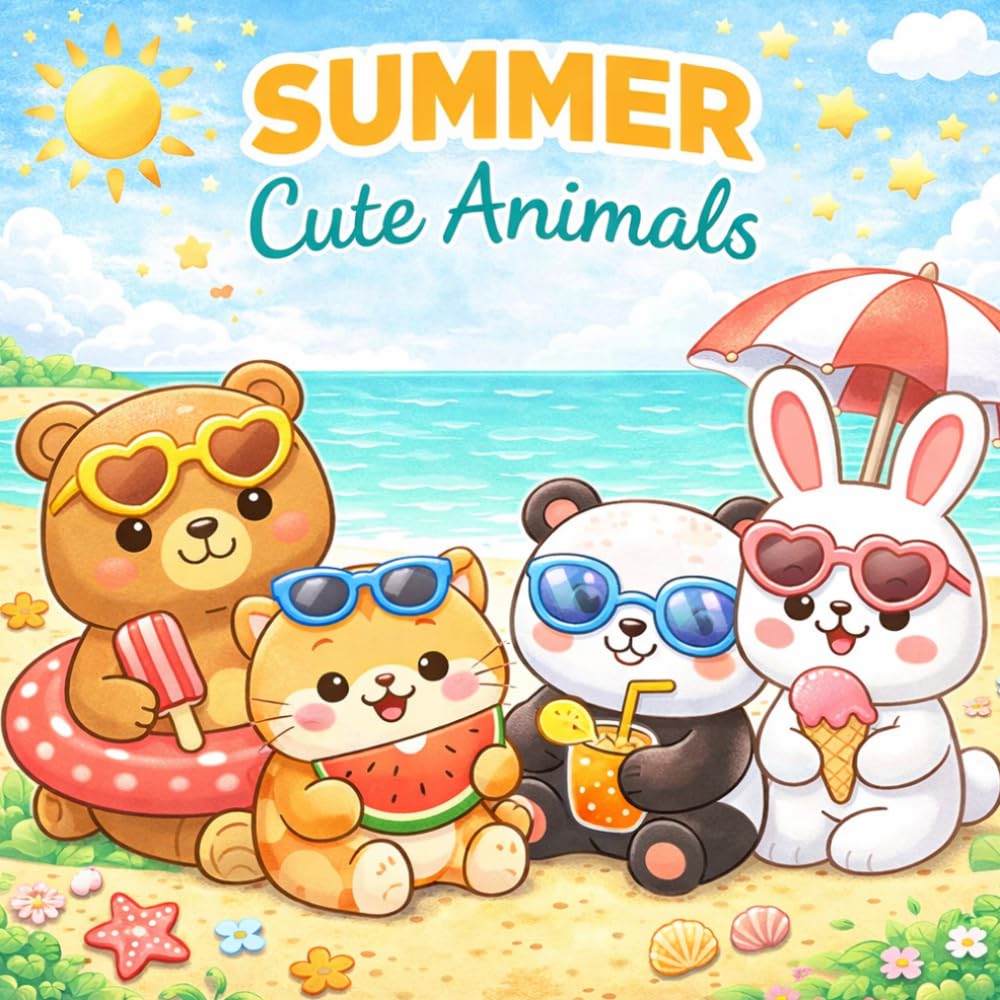 Summer Cute Animals Coloring Book: Fun and Easy Bold Line Designs with Adorable Animals at the Beach, Ice Cream, Sunshine and Summer Activities for Kids Ages 4-12