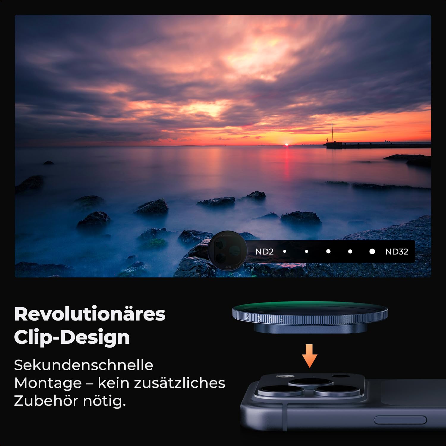 K&F CONCEPT FA301 Snap-On ND2-32 Filter kompatibel mit iPhone 17 Pro/Pro Max, 11,2g extrem Leichter VND-Filter mit Snap-On Deco-Halterung, AGC-Glas mit 28-Schichten-Beschichtung, dunkelblau