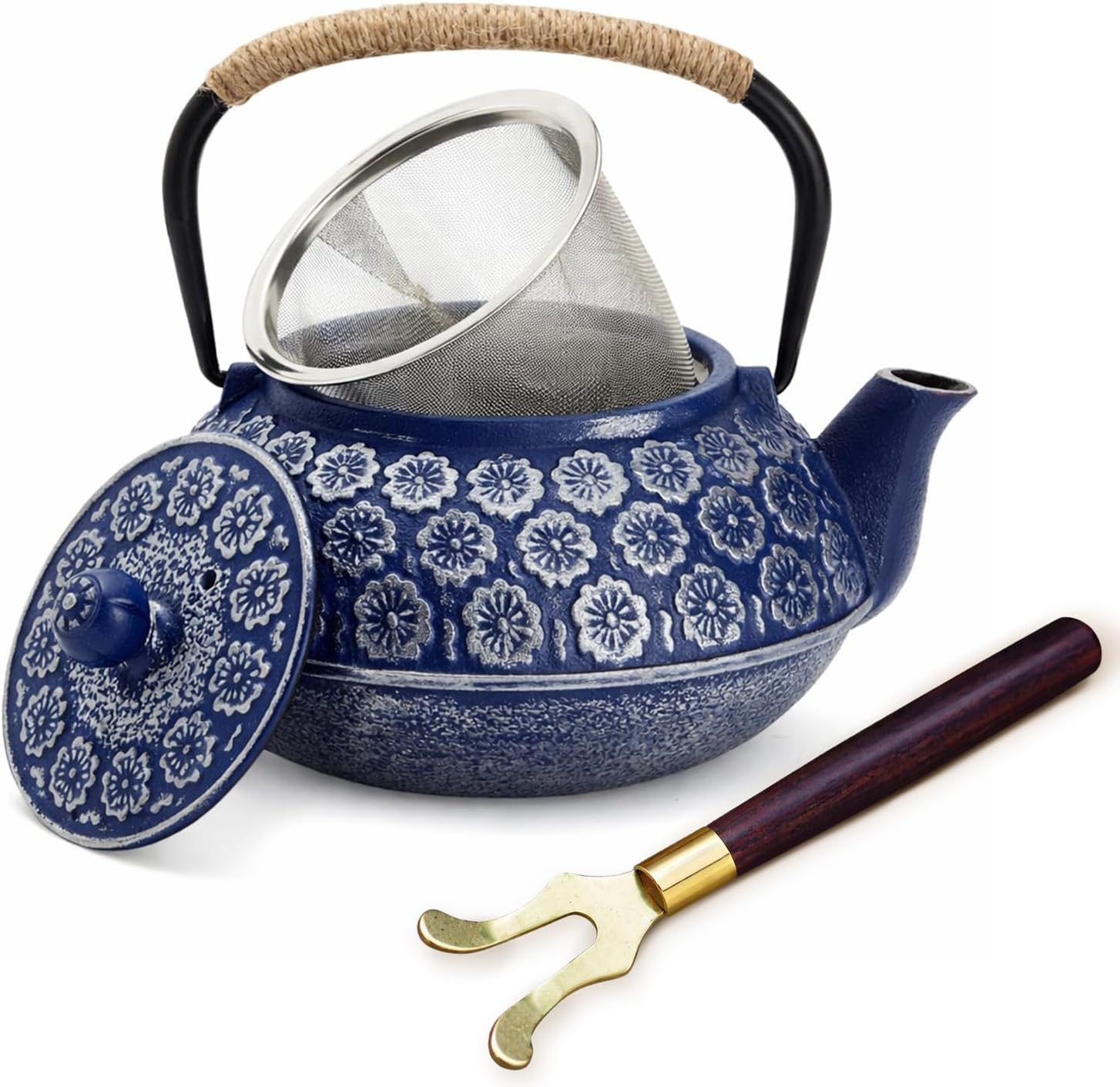 Japanese Cast Iron Teapot with Infuser for Loose Leaf and Tea Bags, Kettle Includes Handle and Removable Lid (Blue, 34oz)