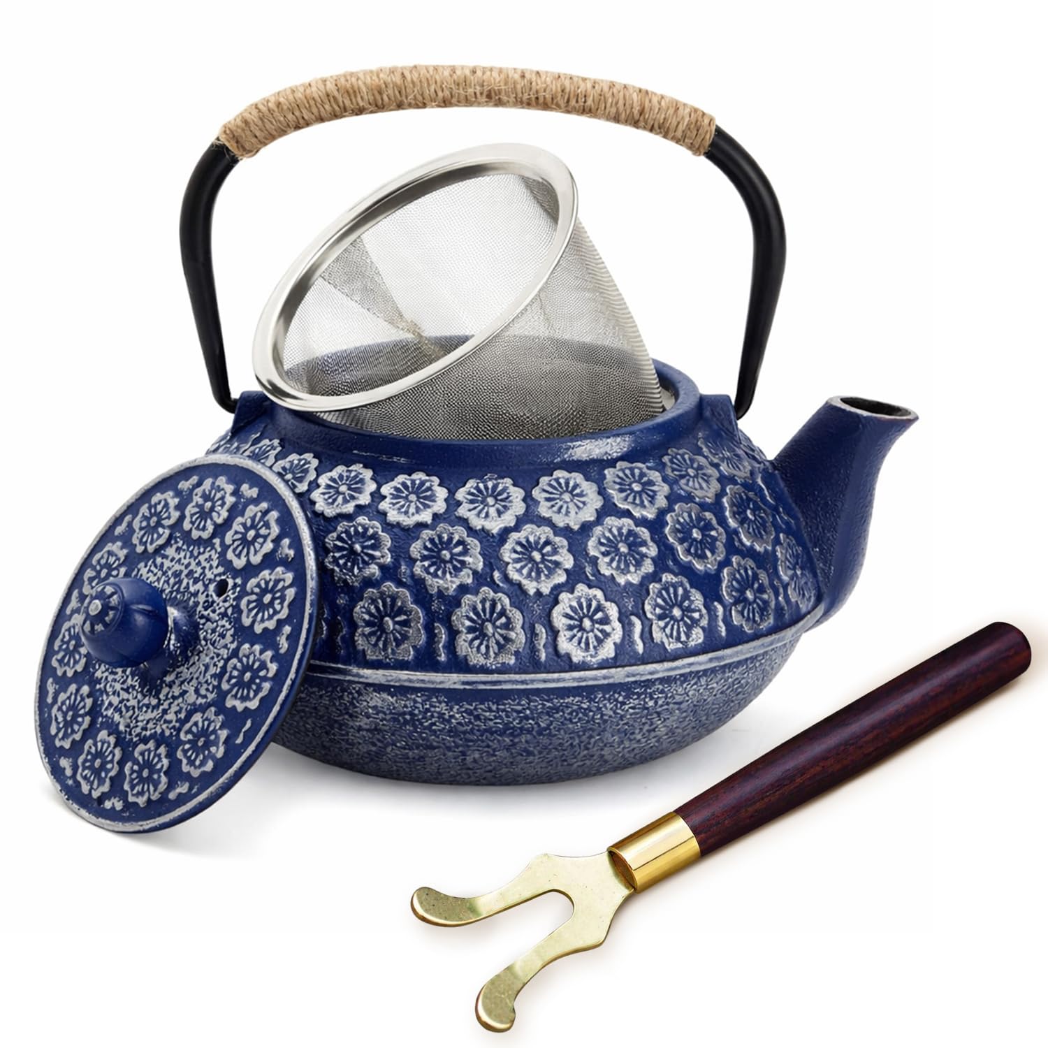 Japanese Cast Iron Teapot with Infuser for Loose Leaf and Tea Bags, Kettle Includes Handle and Removable Lid (Blue, 34oz)