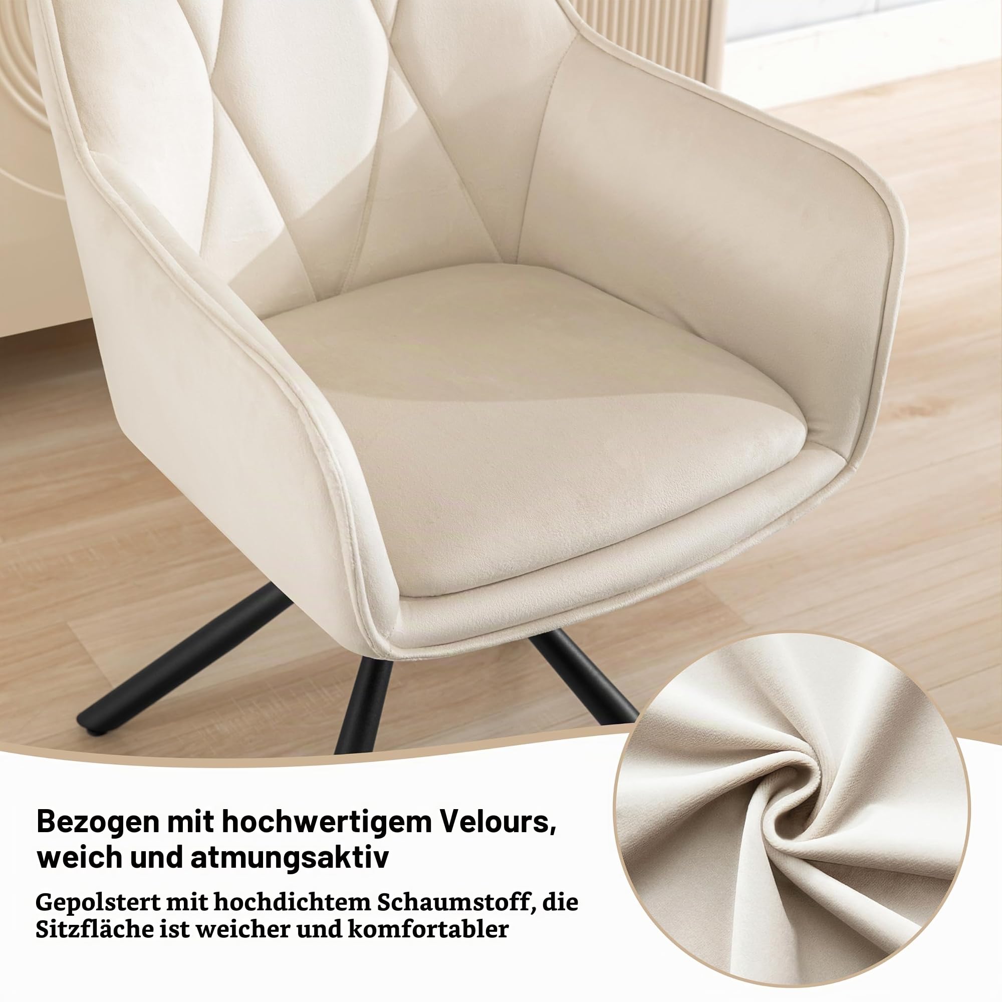 Lestarain Esszimmerstühle drehbar 2er Set, für Schlafzimmer Küche Wohnzimmer, Küchenstühle gepolstert mit Armlehnen Rückenlehne, Metallbeinen, Samt, Beige