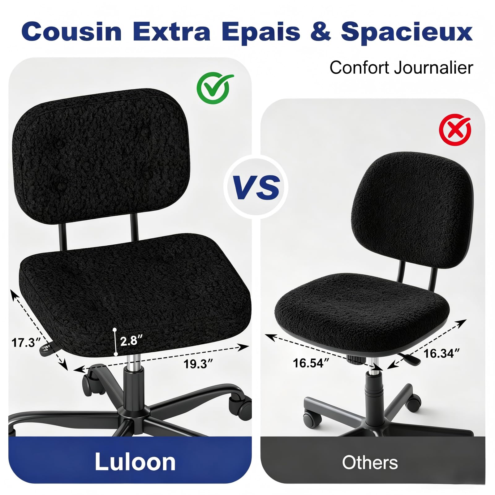 AnyGod Chaise de Bureau sans Accoudoirs en Polaire Teddy, Siège Pivotant Ergonomique Réglable en Hauteur avec roulettes, Petit Fauteuil pour Coiffeuse et Espaces Réduits, Noir