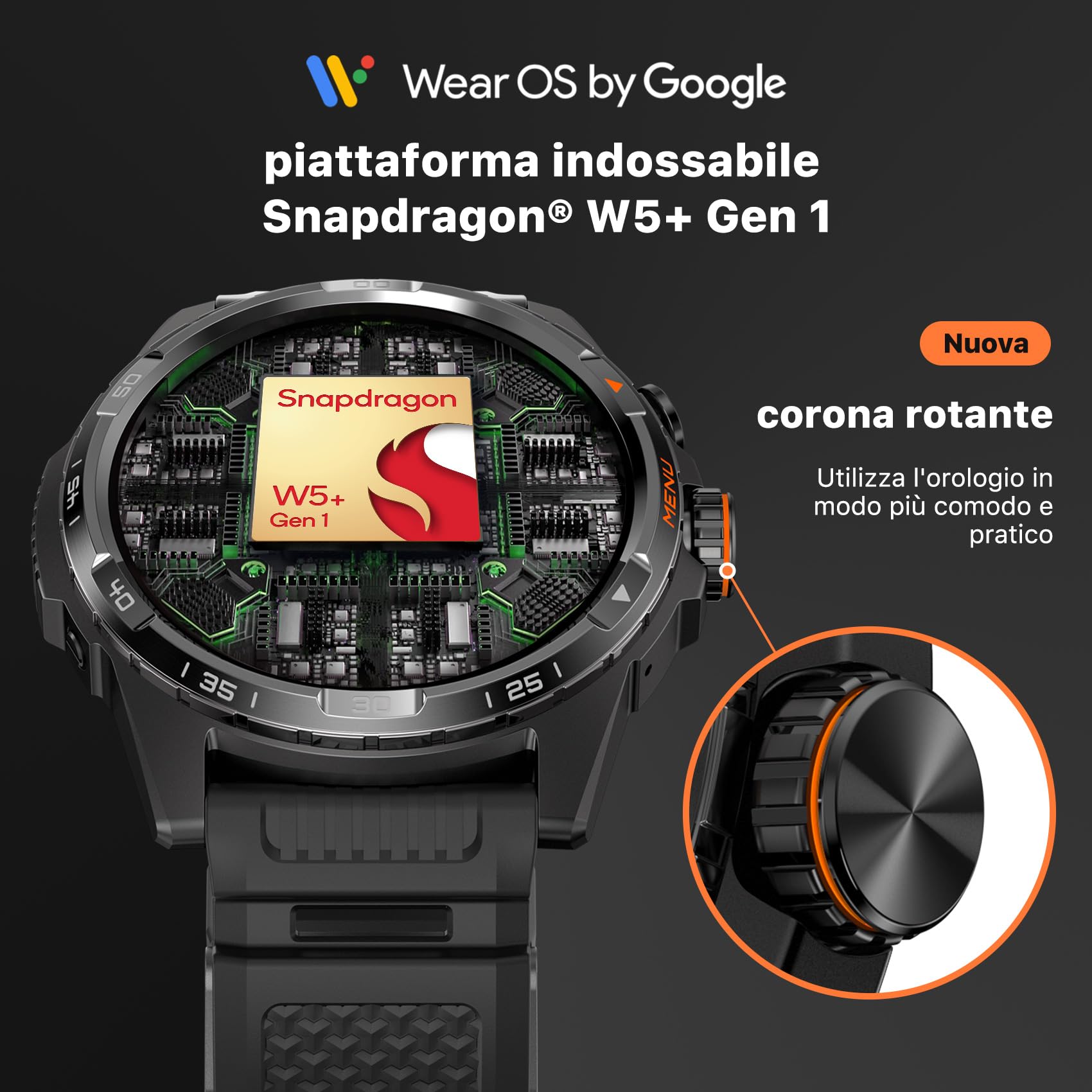 Ticwatch Atlas Smartwatch Android Wear OS 90 ore di batteria 110+ modalità di allenamento Mappa termica Rilevamento cadute Health Fitness Tracker 5ATM Bussola GPS Solo Android Compatibile Nero
