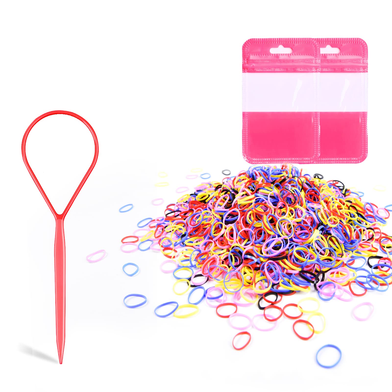 Elastic Hair Bands Set, MORGLES 500pcs Mini Hair Band with Box Soft Hair Elastics Hair Rubber Bands 1pcs Topsy Hair Tail Tool for Kids Girls Hair