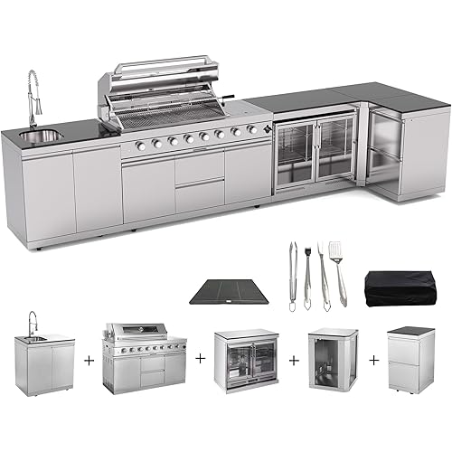 153 Inch Outdoor Kitchen Island, 96000 BTU Propane Gas Grill Combination With Refrigerator and Sink, Drawer Cabinet, Outdoor Stainless Steel Barbecue Bar, BBQ Grill for Patios, Gardens, Parties