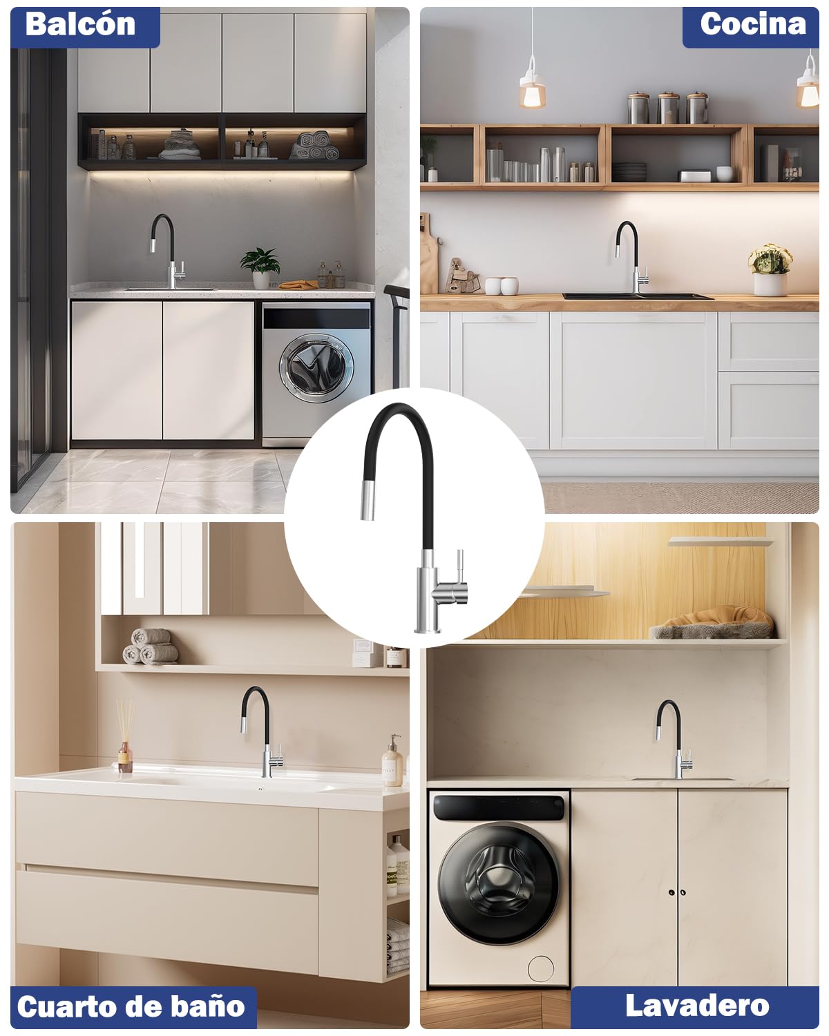 Grifo de Cocina Flexible Negro Con 2 Chorros de Agua, Mezclador de 360°, Caño Flexible, Fregadero de Alta