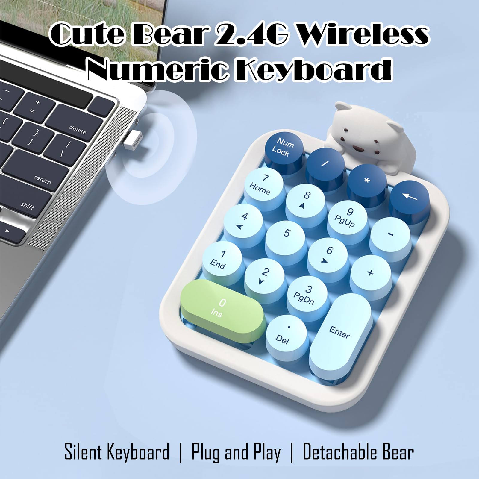 Lomiluskr Simpatico tastierino numerico wireless con orso in silicone, tasti rotondi colorati, connessione wireless USB 2,4 G, tastiera numerica portatile per contabilità finanziaria, adatta per PC