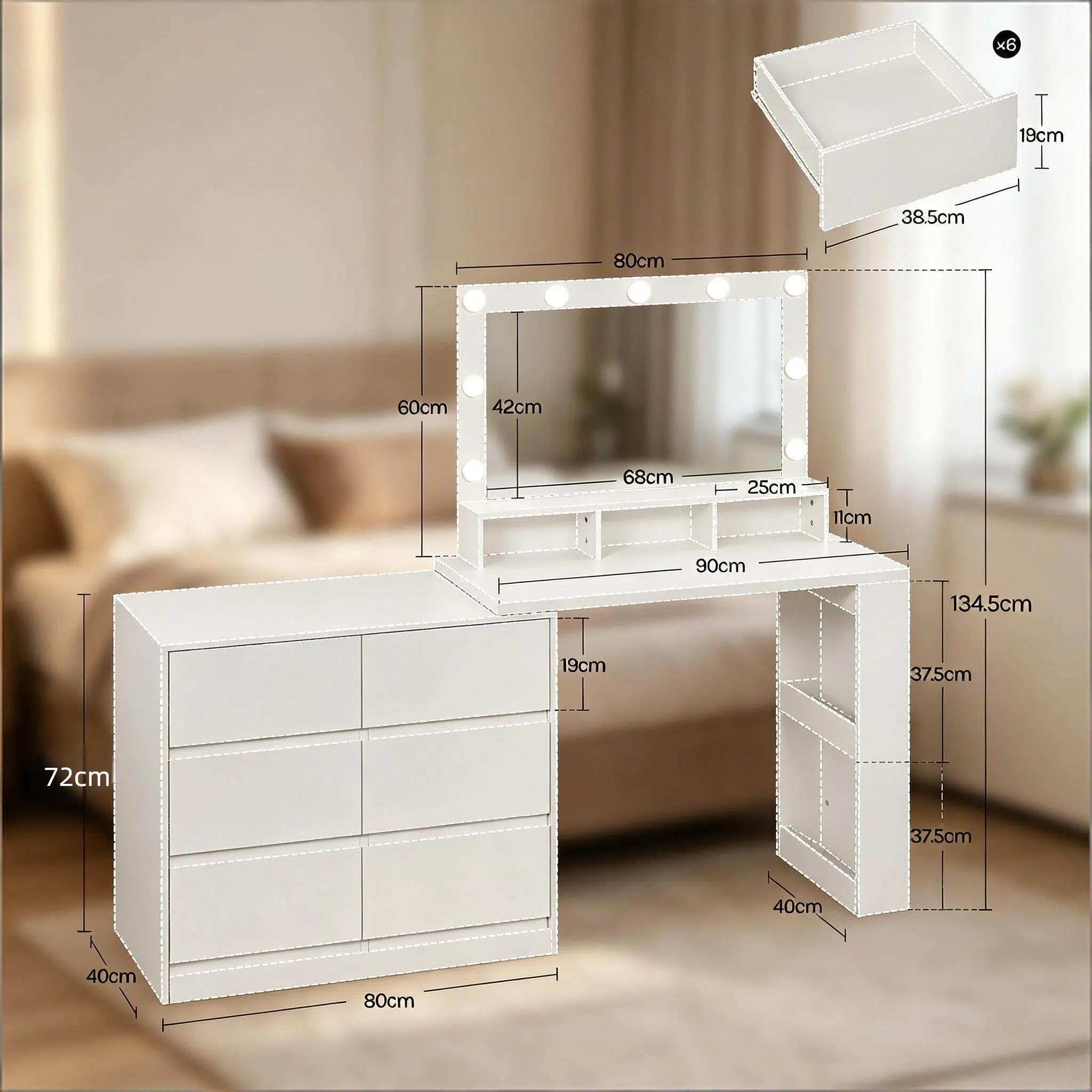 Tavolo da toeletta con specchio LED, a forma di L, 6 cassetti
