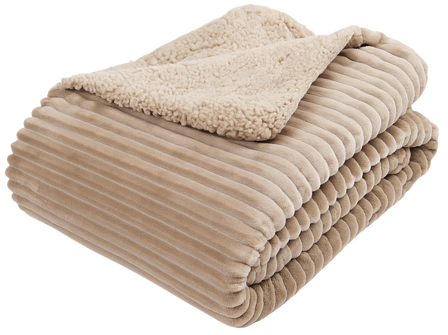 Adore Home Ribbed Fleece Throw 130x160cm with Sherpa Reverse - Reversible Ultra Soft Cosy Blanket - Natural