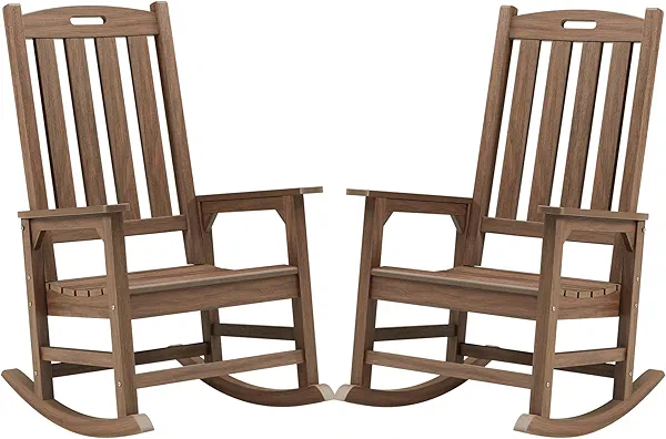 Psilvam Outdoor Rocking Chair Set of 2, Poly Lumber Oversized Rocking Chair with 21" Wide Seat and 32" Tall Backrest, Pre-Assembled with Most Components for Effortless Installation(Bright Brown)