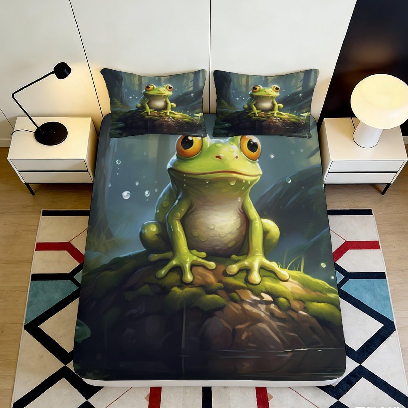 3D Printed Cartoon Frog Fitted Sheet Microfiber Soft Breathable Forest Pond Mattress Cover for Bedroom Dorm Decor 90x200x25cm