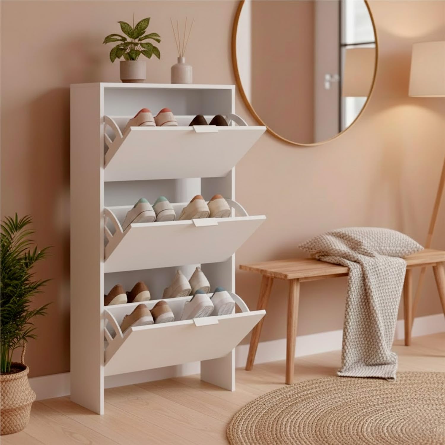 Bricozone Scarpiera A Ribalta Salvaspazio Con 3 Ante Mobile Portascarpe In Melaminico Finitura Bianca Antigraffio Fino A 20 Paia 113x60x22 Cm (Bianco)