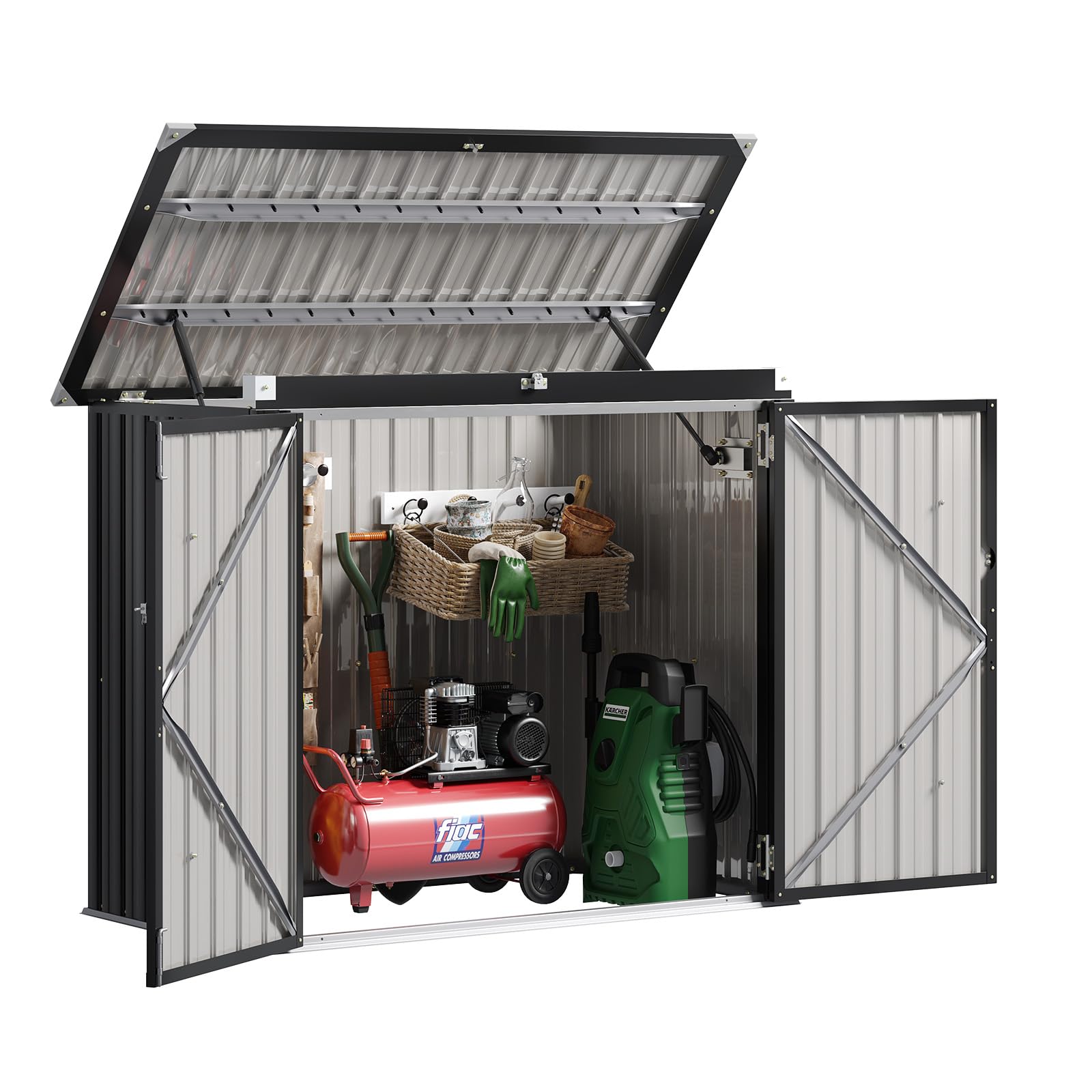 Aoxun 150x117x80 Metall Gerätehaus, Mülltonnenbox für 2 Tonnen, Gartenschrank mit Kettenzug-Deckel & Gasdruckfeder, zu öffnende Front- & Top-Türen, Schwarz
