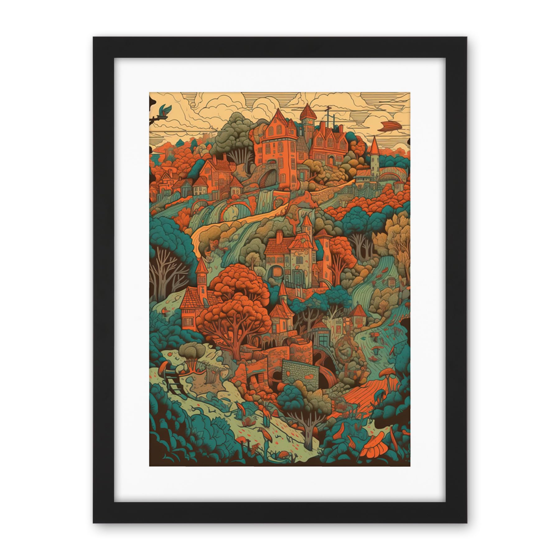 Artery8 Village in Forest Coral and Teal Blue Illustration Artwork Framed Wall Art Print 18X24 Inch