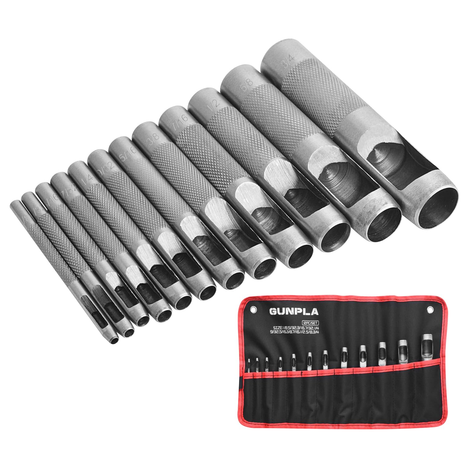 GUNPLA 12 Piece Heavy Duty Leather Punch Set, Steel Round Hole Punch Tool Set with 12 Sizes (1/8" to 3/4") for Belts, Watch Straps, Dog Collars & Gaskets, Includes Storage Pouch