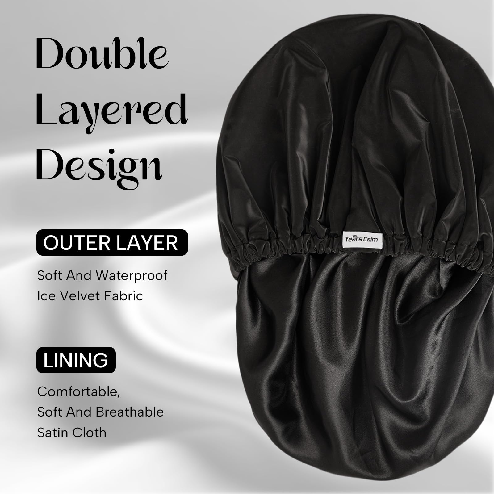 Years calm Bonnet de douche réutilisable, imperméable, double couche pour femme, avec bande élastique, idéal pour la douche, le spa, les voyages et le nettoyage (noir, taille unique)