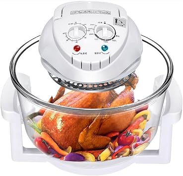 White,Glass Air Fryer, 12L Convection Roaster Air Fryer Oven Turbo Electric Cooker Recipe 360  Heating, Visible Window Multifunction Timer