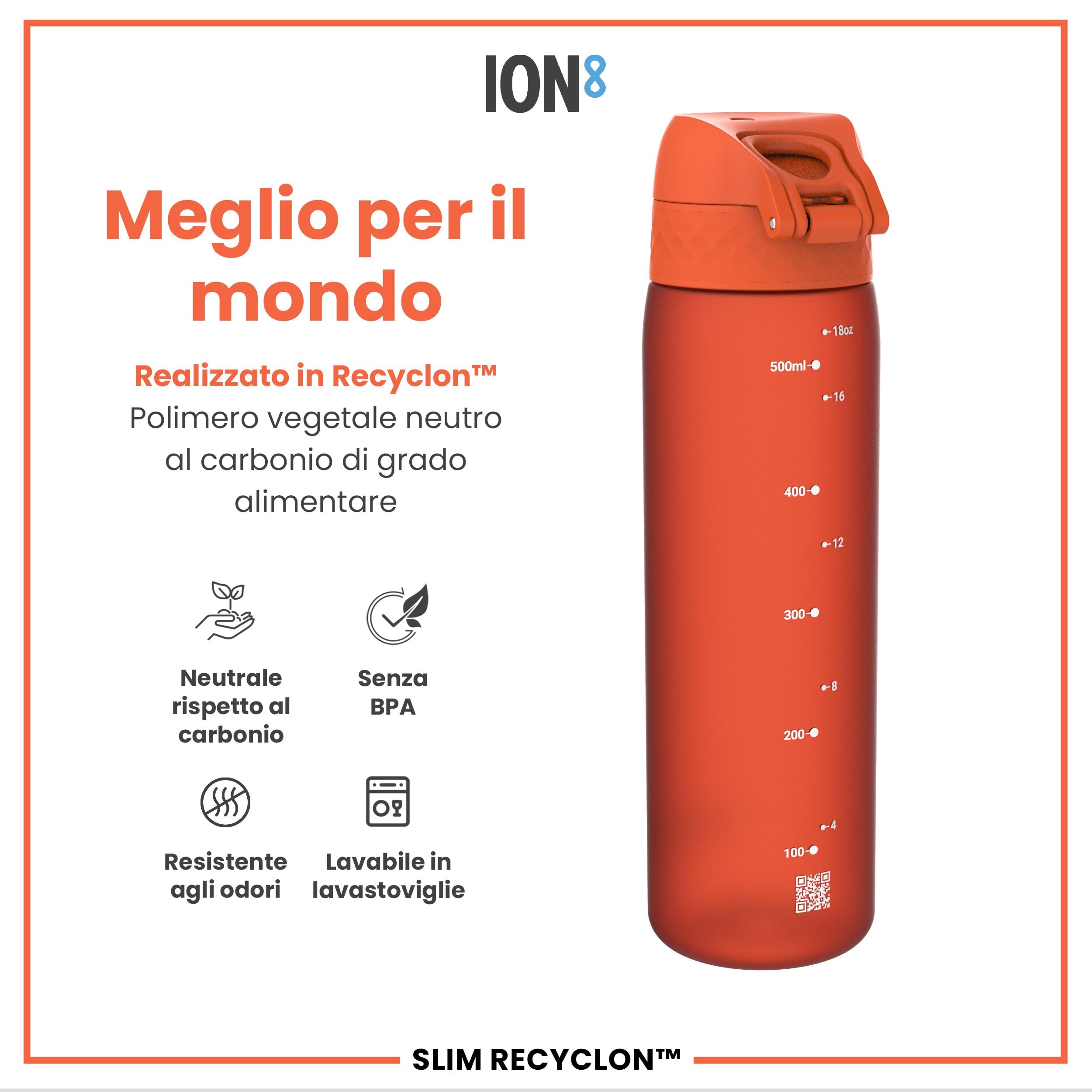 Ion8 Borraccia a Prova di Perdite, 500ml, Facile da Aprire, Serratura Sicura, Lavabile in Lavastoviglie, Senza BPA, Maniglia per il Trasporto, Adatta a Portabicchieri, Facile Pulizia, Arancione