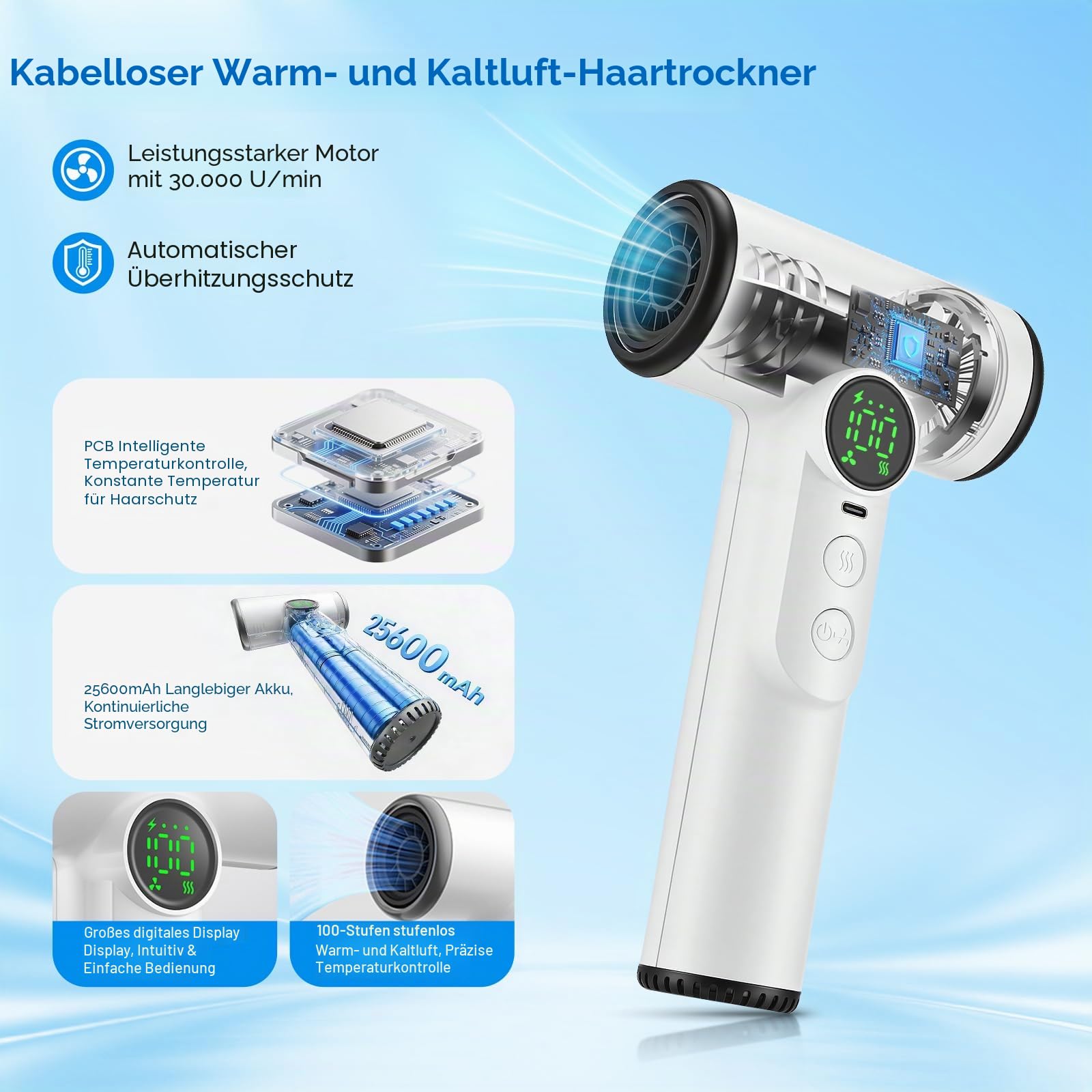 Pro Akku Reisefön 15600mAh - Kabelloser Haartrockner mit 100 Temperaturen & Geschwindigkeiten - Tragbarer Fön mit Digitaldisplay für Camping Reisen Hotel - Weiß