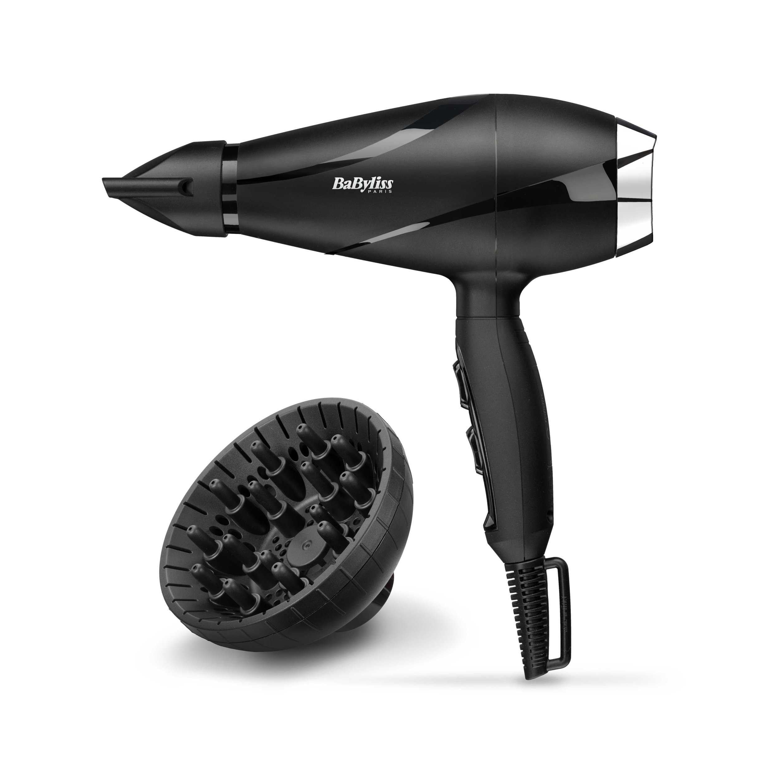 BaByliss Sèche-cheveux Shine Pro 2200 - 2200W, Technologie ionique, Technologie anti-frisottis, Diffuseur et concentrateur inclus, Fabriqué en Italie, Noir, 6713DE