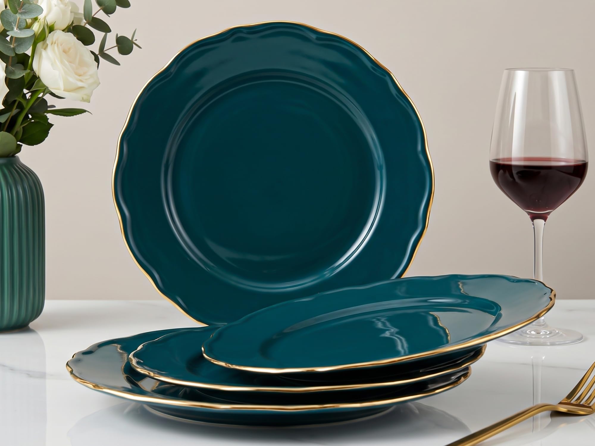 Gold Rim Porcelain Plates Set - Teal -1
