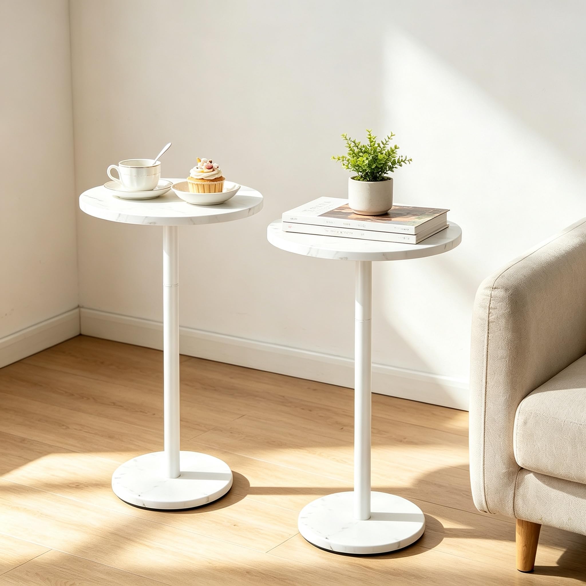 smusei 2 Packs Kleiner Beistelltisch Rund Weiß Side Table mit Marmorsockel