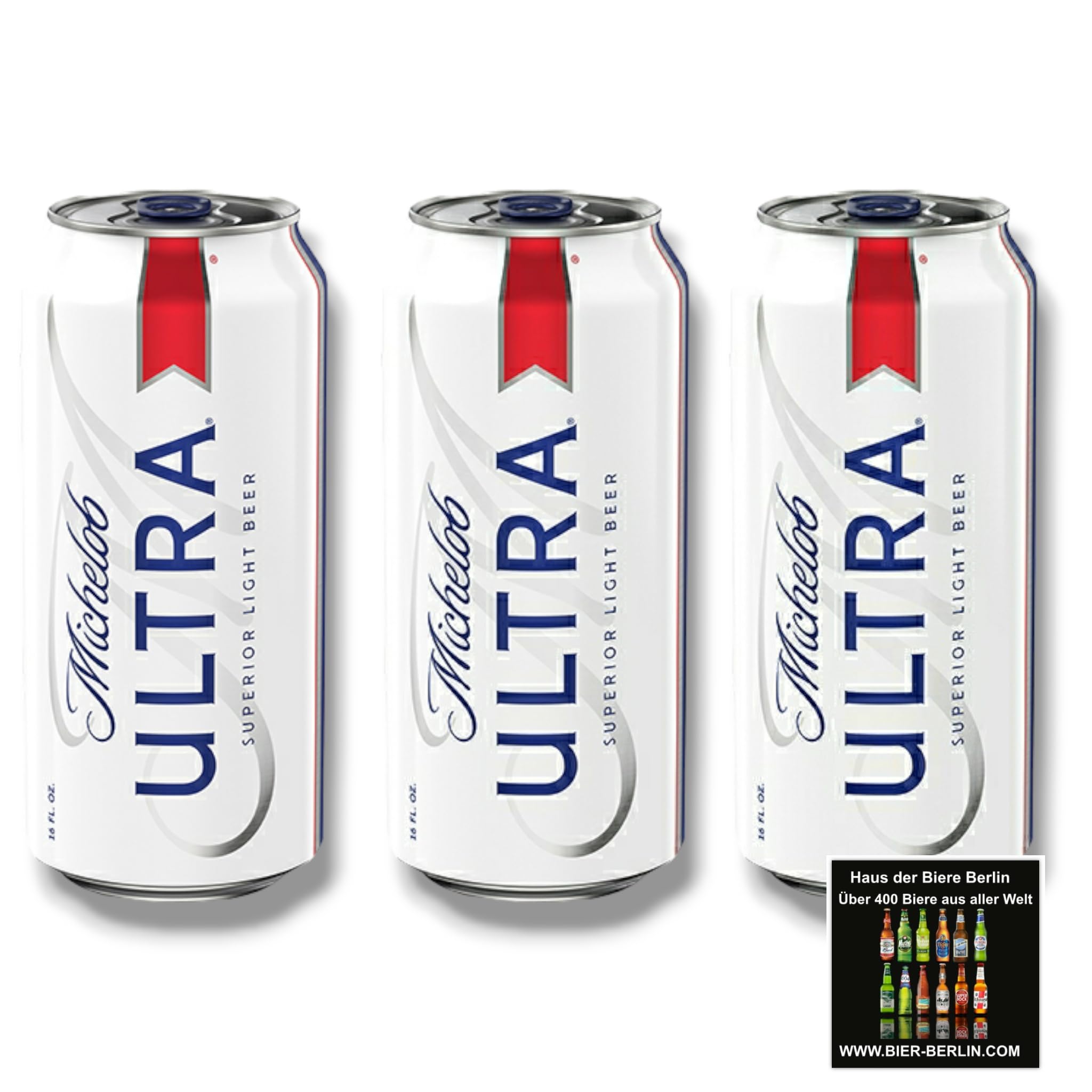 Michelob Ultra Bier 3 x 355ml Dose - Superior Light Beer mit 4,2% Vol. -Original Import aus den USA - Inkl. Haus der Biere Berlin Bierdeckel