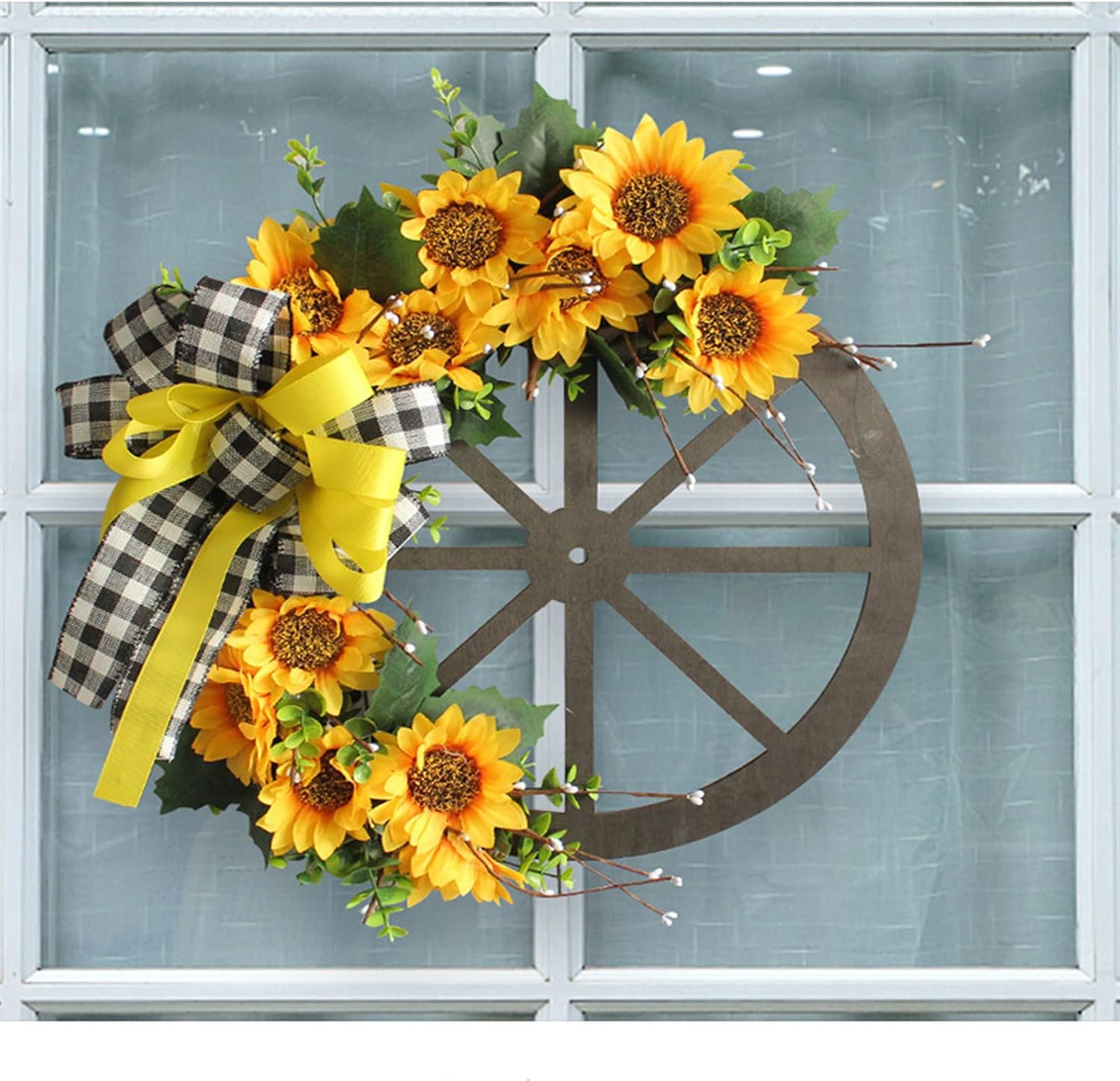 Sunflower Wreath Wagon Wheel Wreath 16 Inch Artificial Flower Summer Wreath with Double Handmade Bow Holiday Wall Home Porch Farmhouse Decor Outdoor Father's Day & Mother's Day Decorations