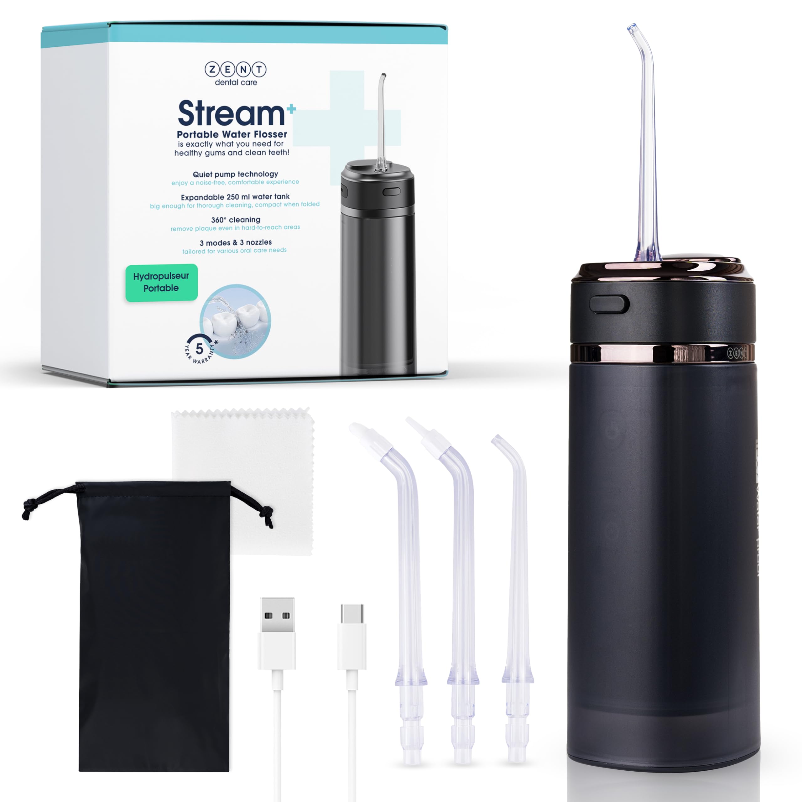ZENT Stream+ Irrigador Bucal viaje con tecnología rotativa avanzada de 360° | Irrigador dental portatil, 3 Boquillas, Presión ajustable, Limpia quitar sarro dientes, Batería duradera, IPX7 Impermeable