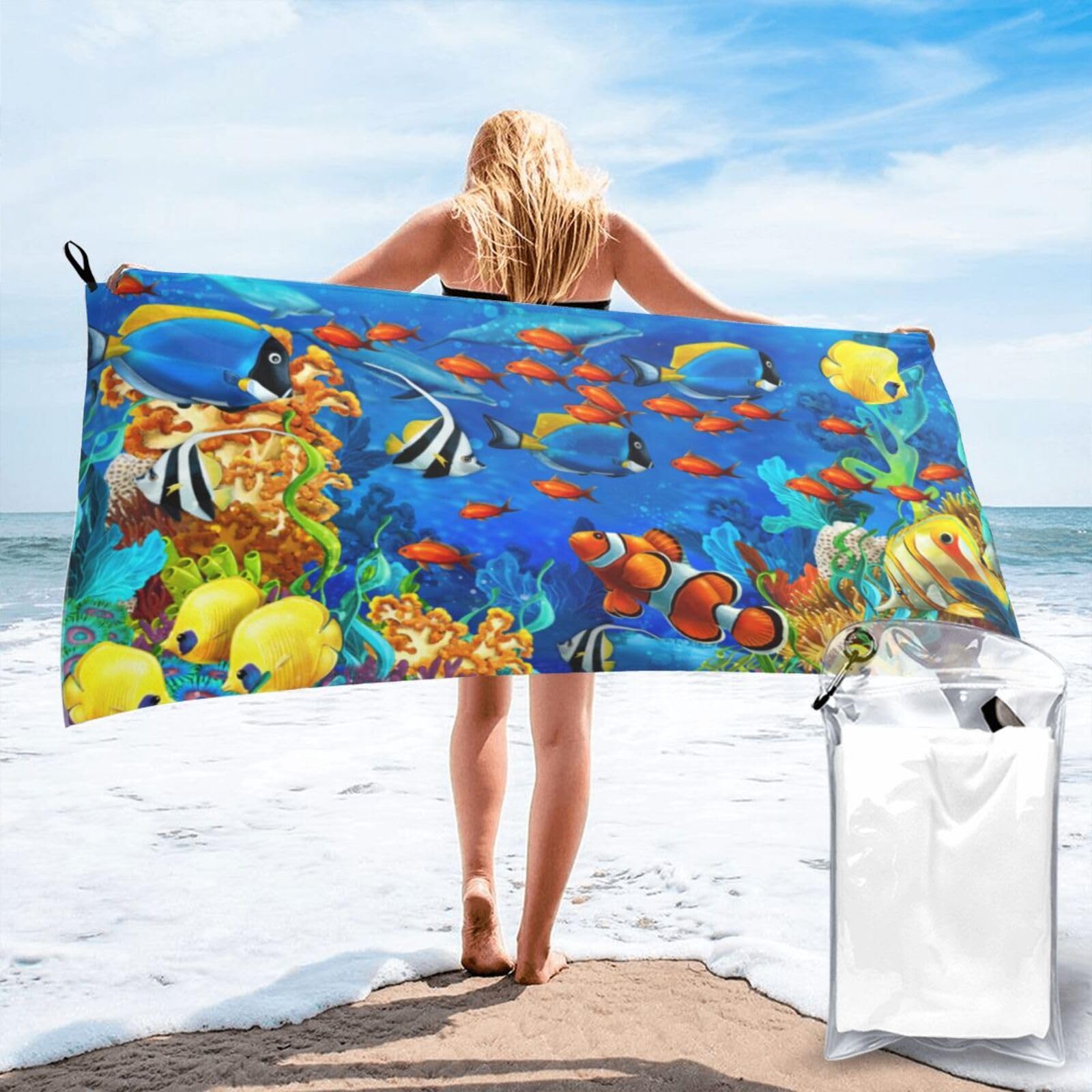 JBJGKHLP Ocean Tropical Fish Coral Undersea World Print Quick Dry Portable Towel For Beach Camping Hiking Yoga Fitness Outdoor Adventures
