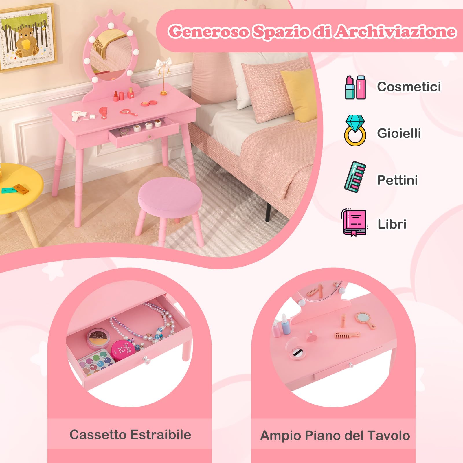 RELAX4LIFE Toeletta Trucco per Bambina con 7 Lampadine LED, 3 Colori di Luci, Specchiera Trucco con Sgabello, Toeletta in Legno, Specchio Rimovibile, per Bambini 3-7 Anni (Rosa)
