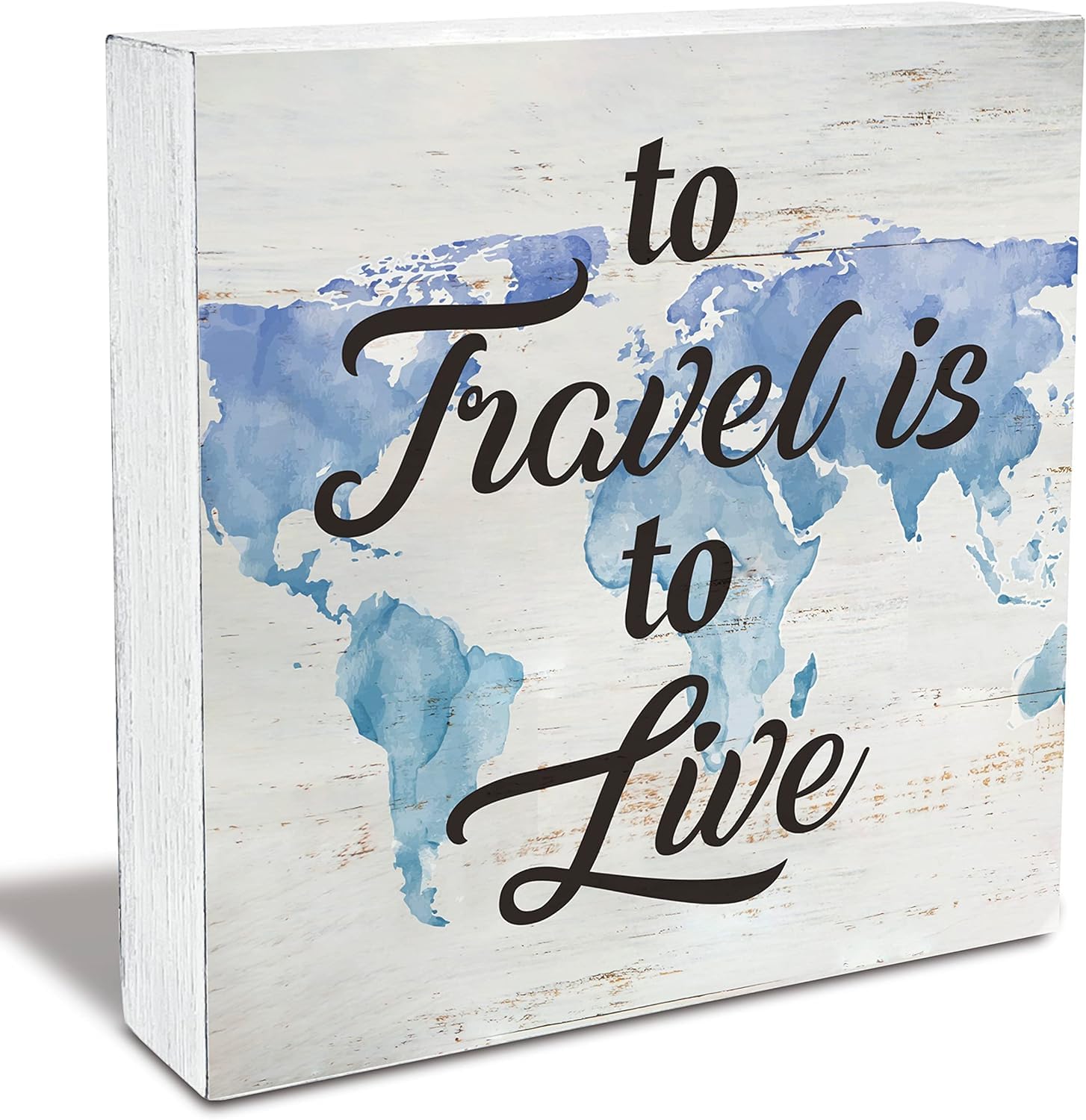 Pibonto Men's Desk Decor 7X7 Inch Motivational Travel Quote To Travel Is To Live Wood Box Sign Rusitc Wooden Box Sign Farmhouse Home Office Desk Shelf Decor