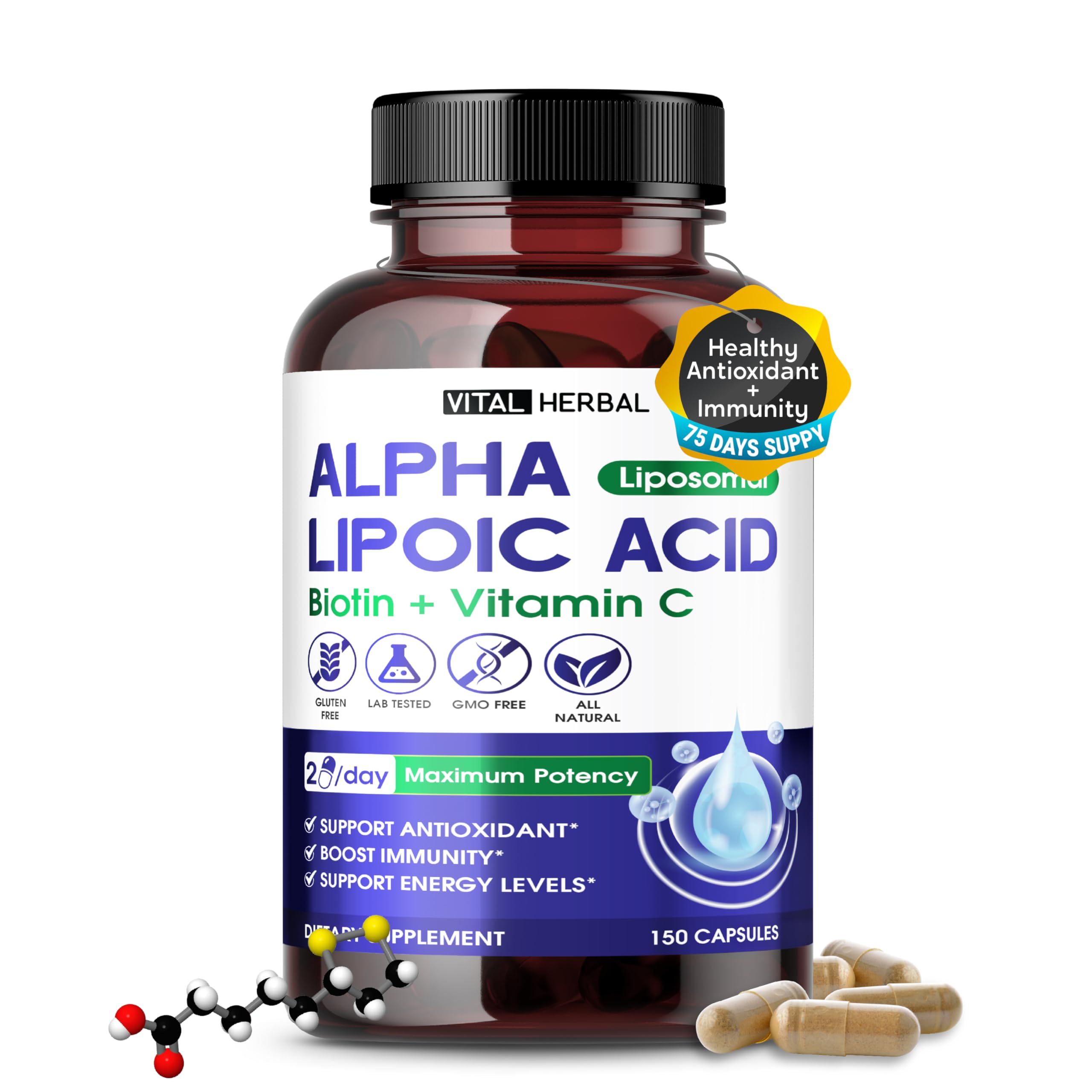 VITAL HERBAL Liposomal Alpha Lipoic Acid with Biotin, Vitamin C- Maximum Potency - Supports Immunity, Energy Levels- Made in The USA