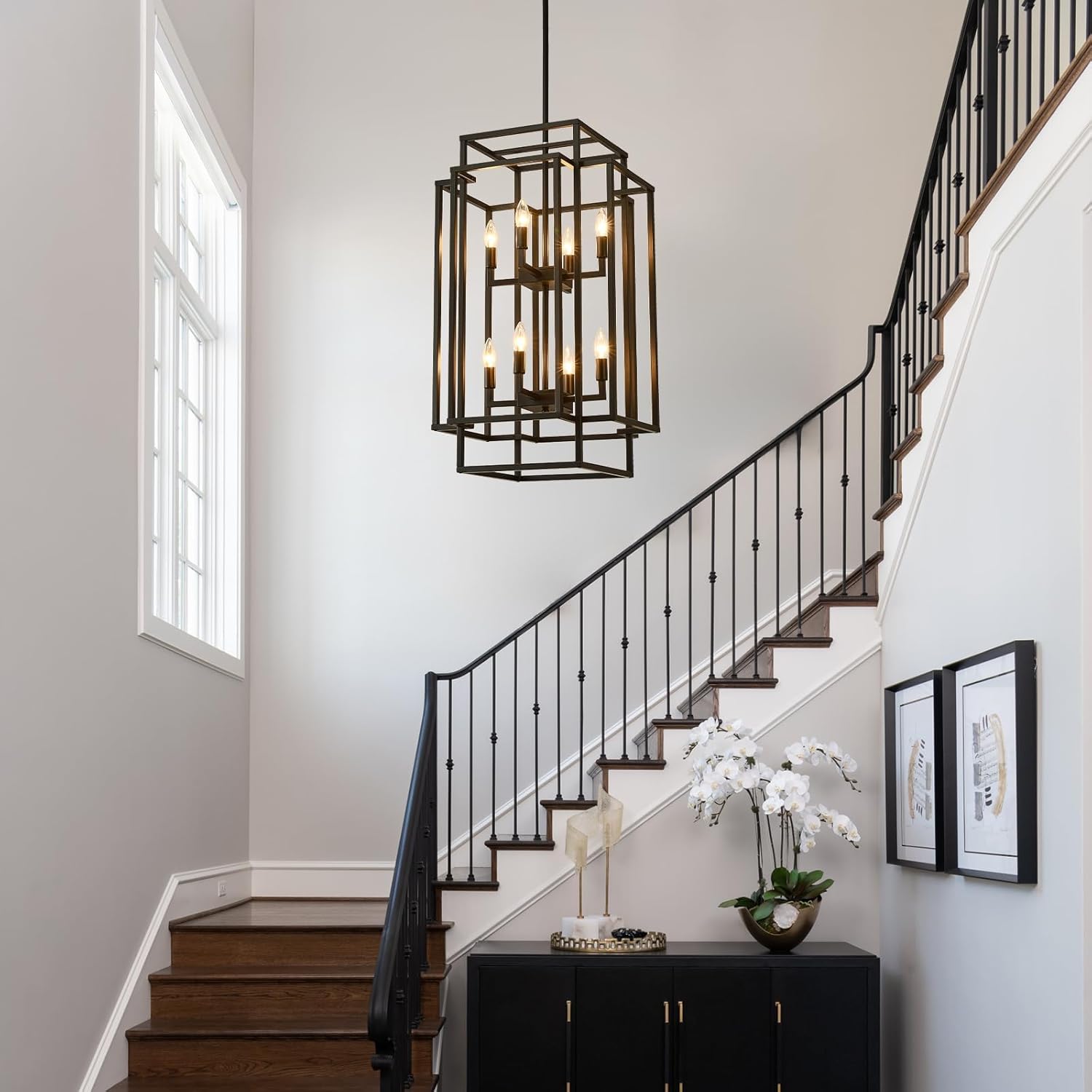 32''H 8-Lights Black Lantern Tiered Pendant Light Fixtures, Entryway Chandelier for Foyer, Farmhouse Hanging Chandelier for Kitchen Island, Dining Room, Porch