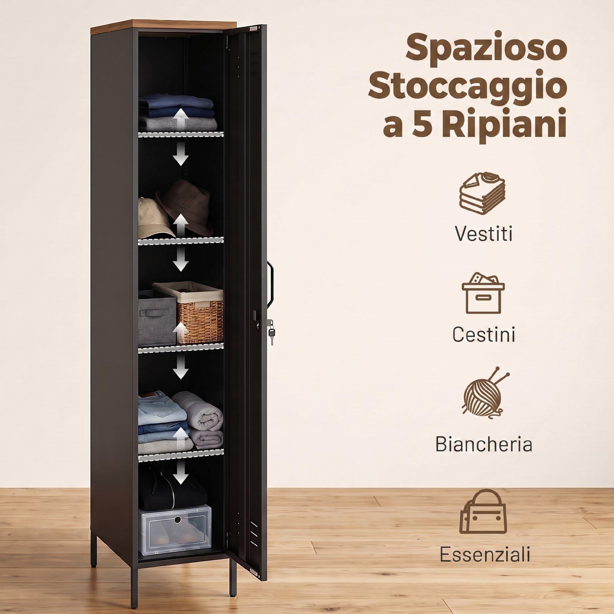 HOMCOM Armadietto Spogliatoio 35x46x183 cm Nero e Marrone Effetto Legno | Slim in Metallo, Chiusura a Chiave, Ripiani Regolabili, Armadio Metallico Multiuso, Industriale, per Casa Ufficio Garage
