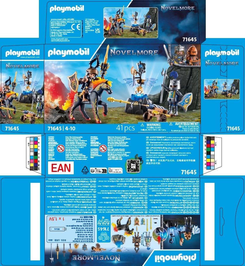 A dynamic scene of the Playmobil Novelmore Knight with Squire set, showcasing the knight on horseback and the second knight with the cannon.