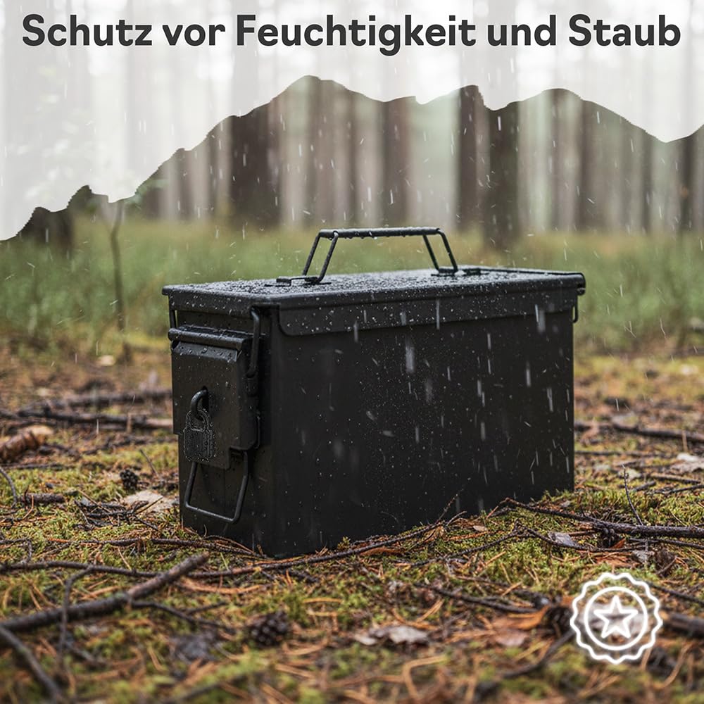 Trucky Ammo Box skrzynka na amunicję z zamkiem 31 x 16 x 19 cm, metalowa skrzynka na amunicję, pudełko do przechowywania z pokrywką, kolor czarny, metal