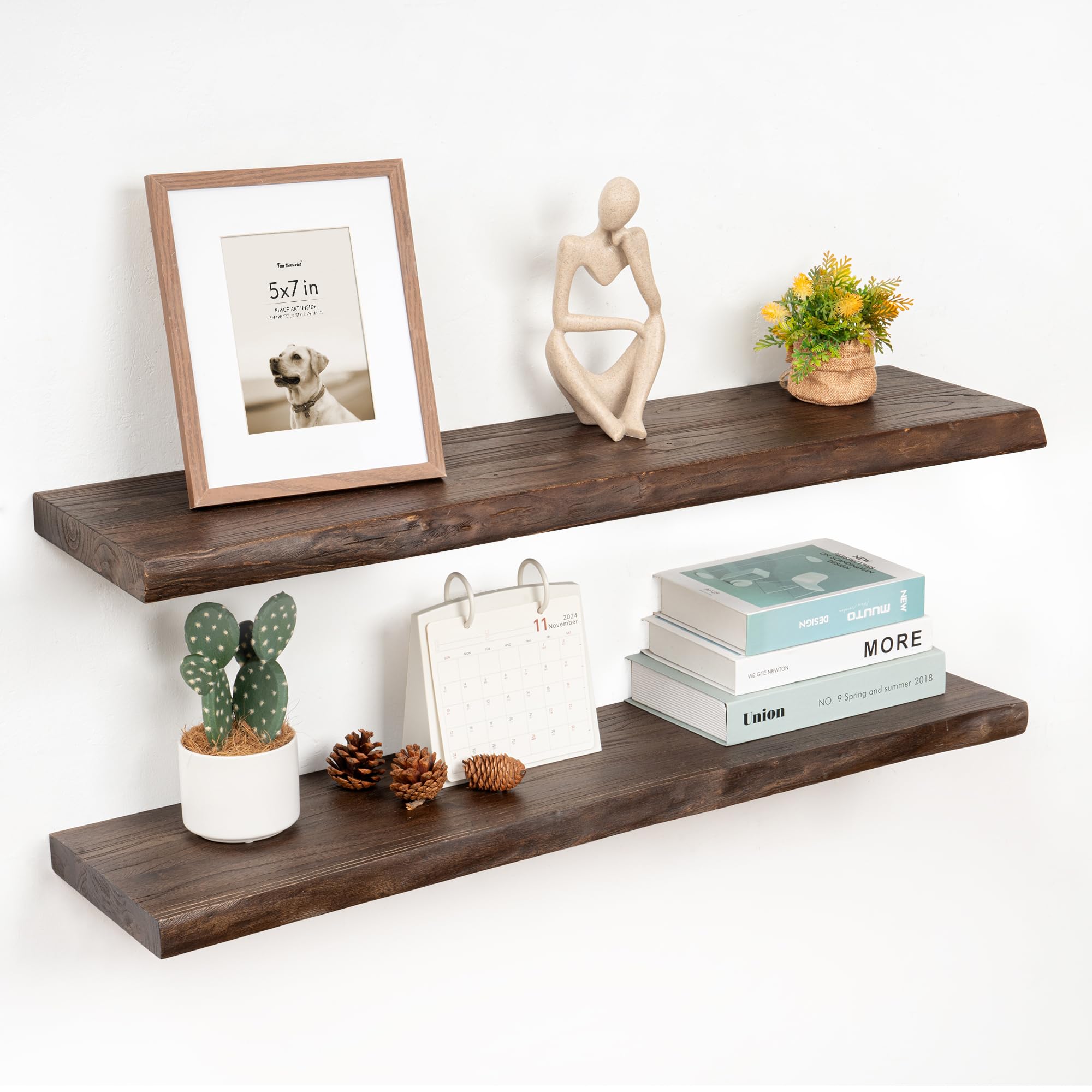 Fun Memories 36 Inch Floating Shelves, Live Edge 9.3" Deep Elm Wood Wall Shelves for Storage, Wall-Mounted Display Shelves with Invisible Heavy-Duty Metal Bracket for Living Room Bedroom, Walnut