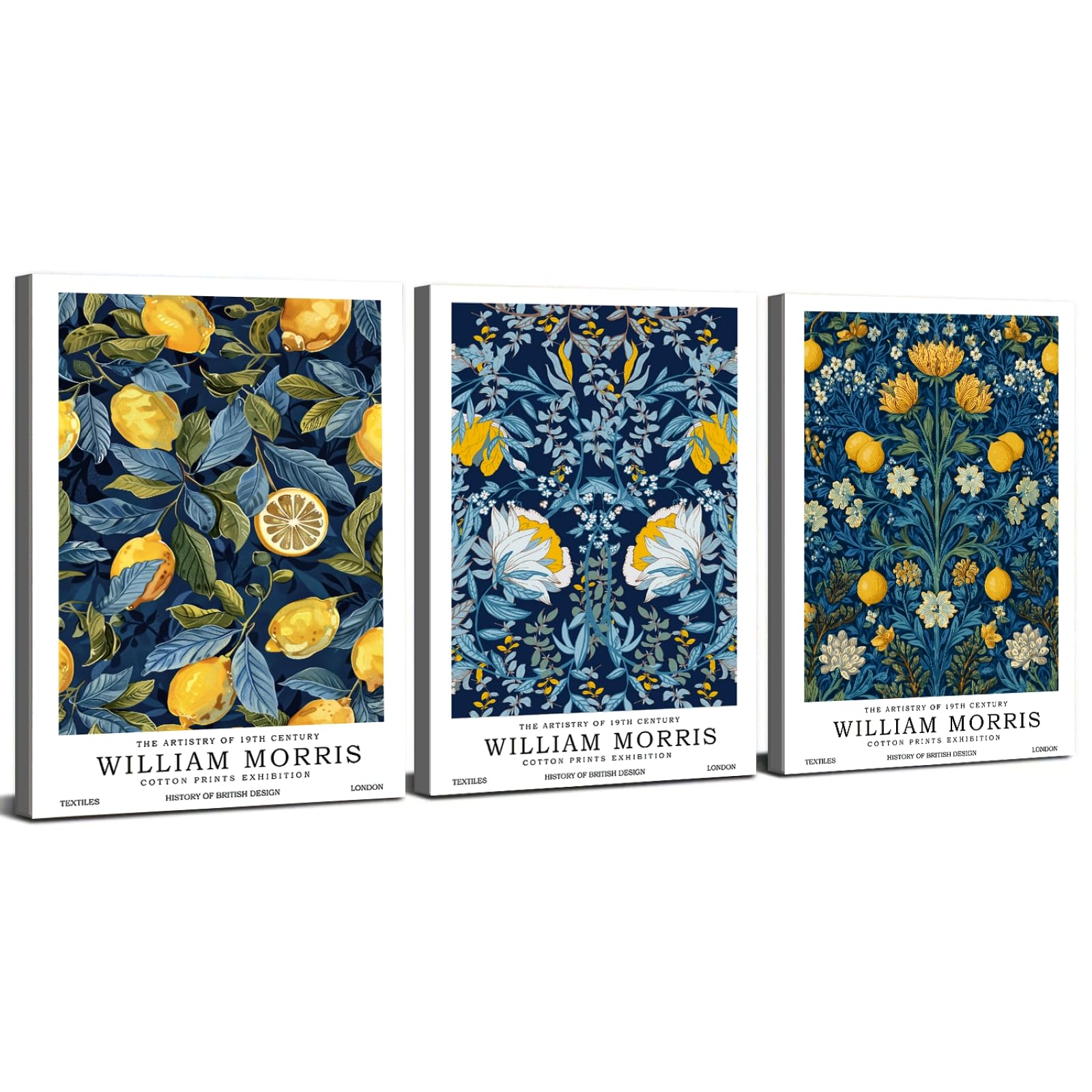 Set of 3 William Morris Prints Wall Art Abstract Floral Wall Pictures for Living Room Lemon Floral Botanical Prints William Morris Poster Navy Blue Artwork for Kitchen Bedroom Hallway Decor 30x40cm