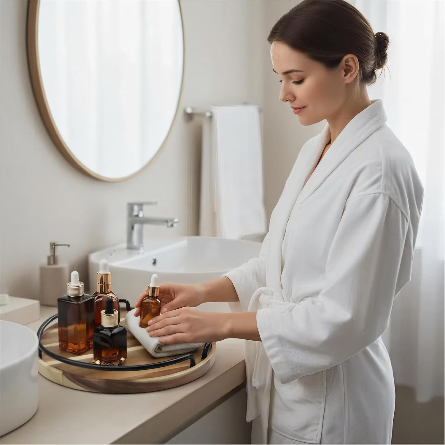 Round Wooden Serving Tray - Rustic Style Decorative Tray for Coffee Table, Living Room, Vanity - Acacia Wood Tray with Handles - Housewarming Gift - 12 Inches (Diameter) - Image 4