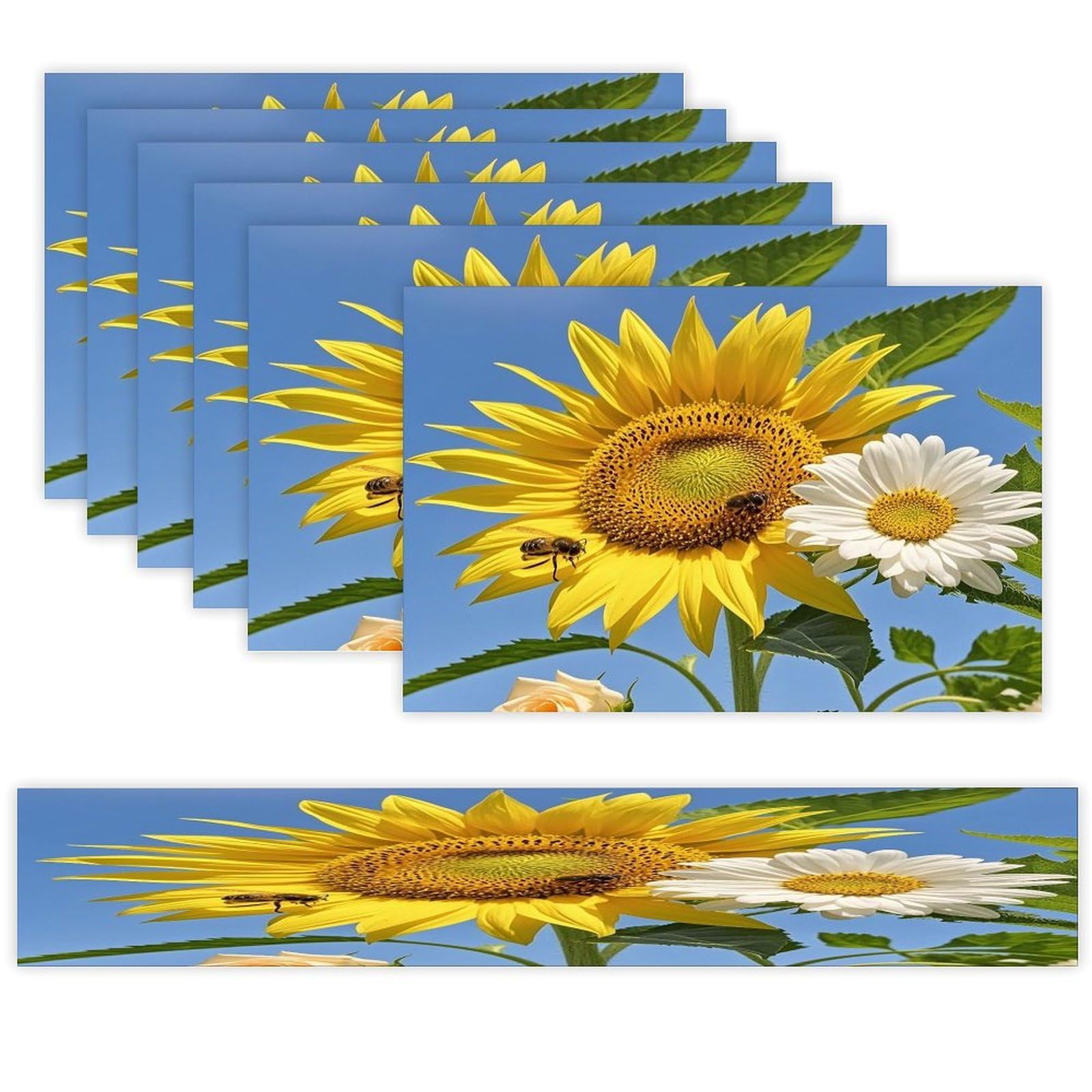 Bees Sunflowers Daisy Rose Flowers Table Runner and Placemats Set of 6 Heat Resistant Washable Table Runners Dining Mat Sets Modern Cloth Place Mats Linen Table Decor for Kitchen Dining Room