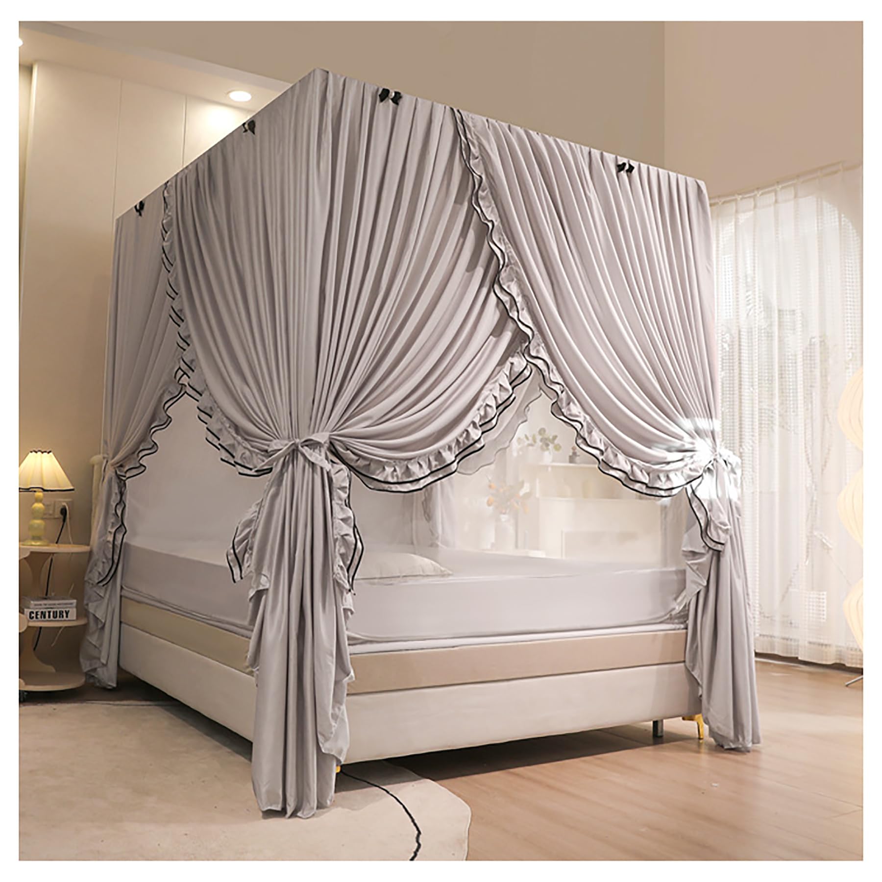 Ciel de lit princesse gris avec moustiquaire 4 coins pour grand lit de chambre fille