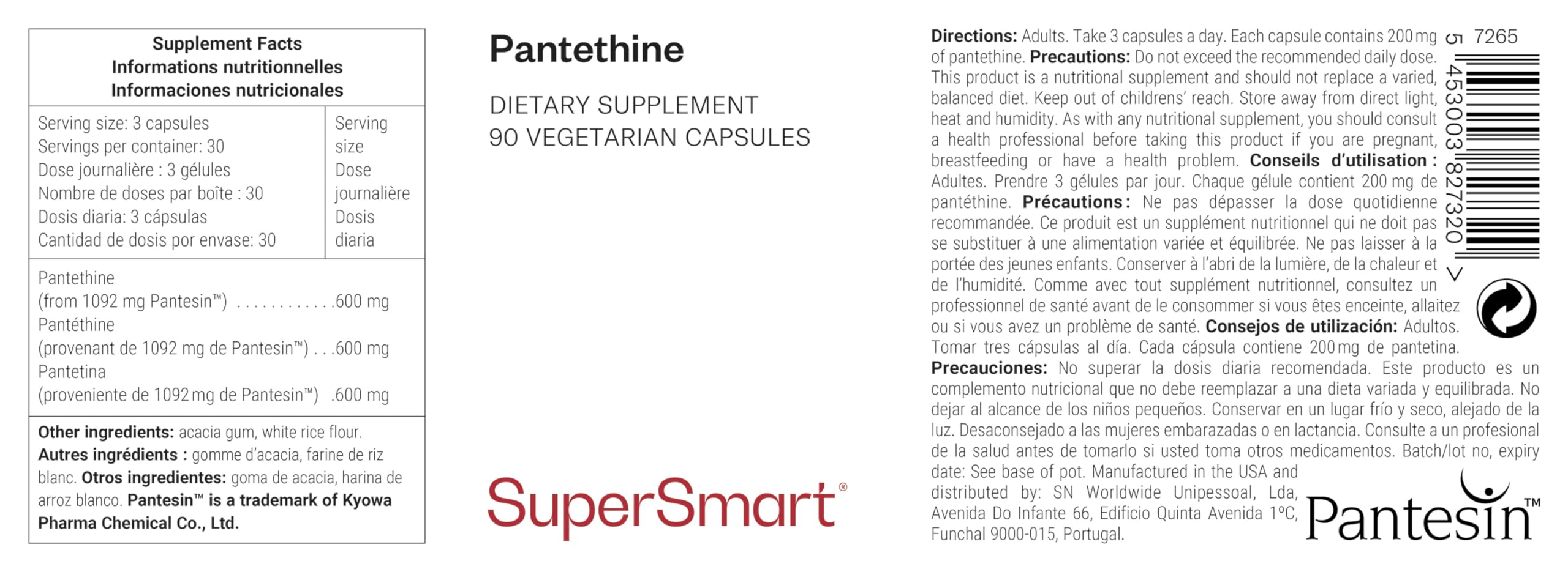 Supersmart - Pantethine (Pantesin™) - Vitamin B5 - Hilft im Kampf gegen Cholesterin & unterstützt ein gesundes Herz-Kreislauf-System | Nicht GVO - 90 vegetarische Kapseln
