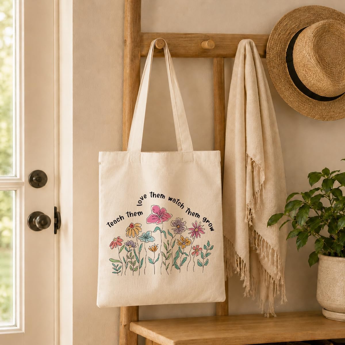 Aesthetic Flower Tote Bags, Teach Them Love Them Watch Grow, Weekend Bag, Beach Travel Bags, Teacher Thank You Gift, Useful Canvas Tote Bag, Meaningful Gifts to Teachers Parents image 5